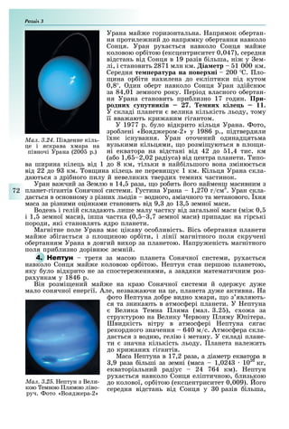 Розділ
72
Урана май е горизонтальна. апрямок о ертан-
ня протиле ний до напрямку о ертання навколо
Сонця. Уран ру а ться навколо Сонця май е
коловою ор ітою (ексцентриситет 0,047), середня
відстань від Сонця в 19 разів ільша, ні у ем-
лі, і становить 2871 млн км. іа етр 1 000 км.
Середня те ература на оверхні 200 С. ло-
ина ор іти на илена до екліптики під кутом
0,8 . дин о ерт навколо Сонця Уран здійсню
за 84,01 земного року. еріод власного о ертан-
ня Урана становить при лизно 17 годин. При
родних у утників . е них кі е .
У складі планети велика кількість льоду, тому
її вва ають кри аним гігантом.
У 1977 р. уло відкрито кільця Урана. ото,
зро лені «Вояд ером-2» у 1986 р., підтвердили
ї н існування. Уран оточений одинадцятьма
вузькими кільцями, о розмі уються в пло и-
ні екватора на відстані від 42 до 1,4 тис. км
(а о 1,6 2,02 радіуса) від центра планети. ипо-
ва ширина кілець від 1 до 8 км, тільки в най ільшого вона зміню ться
від 22 до 9 км. ов ина кілець не переви у 1 км. Кільця Урана скла-
даються з дрі ного пилу й невелики тверди темни частинок.
Уран ва чий за емлю в 14, раза, о ро ить його найменш масивним з
планет-гігантів Сонячної системи. Густина Урана 1,270 г/см3
. Уран скла-
да ться в основному з різни льодів водного, аміачного та метанового. ня
маса за різними оцінками становить від 9, до 1 , земної маси.
Водень і гелій складають лише малу частку від загальної маси (мі 0,
і 1, земної маси), інша частка (0, ,7 земної маси) припада на гірські
породи, які становлять ядро планети.
Магнітне поле Урана ма цікаву осо ливість. Вісь о ертання планети
май е з іга ться з пло иною ор іти, і лінії магнітного поля скручені
о ертанням Урана в довгий ви ор за планетою. апру еність магнітного
поля при лизно дорівню земній.
4. Н третя за масою планета Сонячної системи, ру а ться
навколо Сонця май е коловою ор ітою. ептун став першою планетою,
яку уло відкрито не за спостере еннями, а завдяки математичним роз-
ра ункам у 1846 р.
Він розмі ений май е на краю Сонячної системи й одер у ду е
мало сонячної енергії. Але, незва аючи на це, планета ду е активна. а
ото ептуна до ре видно мари, о з являють-
ся та зникають в атмос ері планети. У ептуна
Велика емна ляма (мал. .2 ), с о а за
структурою на Велику ервону ляму Юпітера.
видкість вітру в атмос ері ептуна сяга
рекордного значення 640 м/с. Атмос ера скла-
да ться з водню, гелію і метану. У складі плане-
ти значна кількість льоду. ланета нале ить
до кри ани гігантів.
Маса ептуна в 17,2 раза, а діаметр екватора в
,9 раза ільші за земні (маса 1,024 1026
кг,
екваторіальний радіус 24 764 км). ептун
ру а ться навколо Сонця еліптичною, лизькою
до колової, ор ітою (ексцентриситет 0,009). ого
середня відстань від Сонця у 0 разів ільша,
Ìàë. 3.25. ептун з Вели-
кою емною лямою ліво-
руч. ото «Вояд ера-2»
Ìàë. 3.24. івденне кіль-
це і яскрава мара на
півночі Урана (200 р.)
 