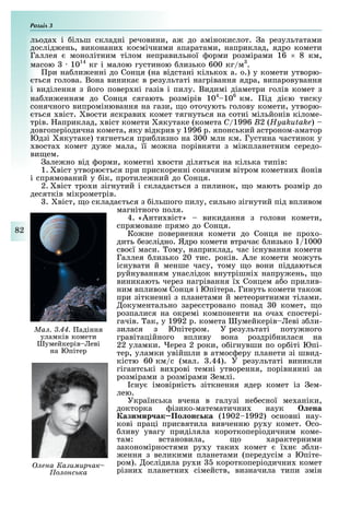 Розділ
82
льода і ільш складні речовини, а до амінокислот. а результатами
дослід ень, виконани космічними апаратами, наприклад, ядро комети
Галлея монолітним тілом неправильної орми розмірами 16 8 км,
масою 1014
кг і малою густиною лизько 600 кг/м3
.
ри на ли енні до Сонця (на відстані кілько а. о.) у комети утворю-
ться голова. Вона виника в результаті нагрівання ядра, випаровування
і виділення з його повер ні газів і пилу. Видимі діаметри голів комет з
на ли енням до Сонця сягають розмірів 104
106
км. ід ді ю тиску
ñонячного випромінювання на гази, о оточують голову комети, утворю-
ться віст. вости яскрави комет тягнуться на сотні мільйонів кіломе-
трів. априклад, віст комети якутаке (комета C/1996 B2 (Hyakutake)
довгоперіодична комета, яку відкрив у 1996 р. японський астроном-аматор
Юдзі якутаке) тягнеться при лизно на 00 млн км. Густина частинок у
воста комет ду е мала, її мо на порівняти з мі планетним середо-
ви ем.
але но від орми, кометні вости діляться на кілька типів:
1. віст утворю ться при прискоренні сонячним вітром кометни йонів
і спрямований у ік, протиле ний до Сонця.
2. віст тро и зігнутий і склада ться з пилинок, о мають розмір до
десятків мікрометрів.
. віст, о склада ться з ільшого пилу, сильно зігнутий під впливом
магнітного поля.
4. «Анти віст» викидання з голови комети,
спрямоване прямо до Сонця.
Ко не повернення комети до Сонця не про о-
дить езслідно. Ядро комети втрача лизько 1/1000
сво ї маси. ому, наприклад, час існування комети
Галлея лизько 20 тис. років. Але комети мо уть
існувати й менше часу, тому о вони піддаються
руйнуванням унаслідок внутрішні напру ень, о
виникають через нагрівання ї Сонцем а о прилив-
ним впливом Сонця і Юпітера. Гинуть комети тако
при зіткненні з планетами й метеоритними тілами.
окументально заре стровано понад 0 комет, о
розпалися на окремі компоненти на оча спостері-
гачів. ак, у 1992 р. комета умейкерів еві з ли-
зилася з Юпітером. У результаті поту ного
гравітаційного впливу вона роздрі нилася на
22 уламки. ерез 2 роки, о ігнувши по ор іті Юпі-
тер, уламки увійшли в атмос еру планети зі швид-
кістю 60 км/с (мал. .44). У результаті виникли
гігантські ви рові темні утворення, порівнянні за
розмірами з розмірами емлі.
сну імовірність зіткнення ядер комет із ем-
лею.
Українська вчена в галузі не есної ме аніки,
докторка ізико-математични наук ена
ази ир ак По он ка (1902 1992) основні нау-
кові праці присвятила вивченню ру у комет. со-
ливу увагу приділяла короткоперіодичним коме-
там: встановила, о арактерними
закономірностями ру у таки комет ї н з ли-
ення з великими планетами (передусім з Юпіте-
ром). ослідила ру и короткоперіодични комет
різни планетни сімейств, визначила типи змін
Ìàë. 3.44. адіння
уламків комети
умейкерів еві
на Юпітер
Îëåíà Êàçèìèð÷àê–
Ïîëîíñüêà
 