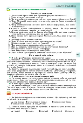 НА А ПЛАНЕТНА СИСТЕМА
9
ÏÅÐÅÂІÐ ÑÂÎÞ ÊÎÌÏÅÒÅÍÒÍІÑÒÜ
онтро ні за итанн
1. е на емлі тривалість дня протягом року не зміню ться
2. Коли Марс видно на не і цілу ніч
. и мо на Венеру по ачити в той час, коли вона най ли че до емлі
4. ому Меркурій ва ко по ачити на не і, оча він ува яскравіший
за Сіріус
. ому спостере ення в космосі дають ільше ін ормації, ні назем-
ні телескопи
6. Сьогодні Місяць спостерігався в першій чверті. и уде завтра
Місяць від ивати сонячне світло опівночі
7. Венера розмі ена далі від Сонця, ні Меркурій, але чому темпера-
тура на її повер ні ви а, ні на Меркурії
8. Які докази того, о на повер ні Марса колись ула вода в рідкому
стані
9. Які осо ливості планет-гігантів
10. ому Юпітер мо на вва ати ду е с о им на зорю
11. о спричиня гелі ві до і на Сатурні
12. им поясню ться дивови не за арвлення о
1 . ро о свідчать численні кратери на супутника Юпітера
14.Які супутники планет мають атмос еру
1 . им відрізня ться метеор від метеорита
16. віст комети притягу ться до Сонця чи відштов у ться від нього
о зна і в і робити
 в і розв зувати а троно і ні зада і
1. числіть, за який час світло доліта від Сонця до емлі до ептуна
до ме і Сонячної системи. видкість світла вва ати рівною 00 000 км/с.
2. Астероїд о ерта ться навколо Сонця з періодом роки. и мо е цей
астероїд зіткнутися із емлею, як о він в а елії пере ува на відстані
а. о. від Сонця
. Ка уть, о деякі люди мають такий гострий зір, о навіть неоз ро-
ним оком розрізняють великі кратери на Місяці. числіть достовірність
ци актів, як о най ільші кратери на Місяці мають діаметр 200 км,
а середня відстань до Місяця 80 000 км.
 в і кори тувати карто зор но о неба
4. и мо на користуватися нашою картою зоряного не а на повер ні
інши планет Сонячної системи ід час мі планетни польотів а пла-
нета , які о ертаються навколо інши зір
 в і роводити а троно і ні о тереженн
. а допомогою інокля а о шкільного телескопа мо на спостерігати
Галіле ві супутники Юпітера. Визначте моменти затемнення одного із
ци супутників коли він зника за диском Юпітера.
ÒÅÑÒÎÂІ ÇÀÂÄÀÍÍß
1. а емлі спостеріга ться затемнення Місяця. о по ачать у цей час
на Місяці космонавти
À с ід Сонця Á кульмінацію Сонця Â затемнення Сонця
Ã затемнення Місяця Ä за ід Сонця
2. овний Місяць пре ува на горизонті. У який час до и мо на спо-
стерігати таке яви е в Україні
À уранці Á удень Â увечері Ã опівночі Ä ніколи
 