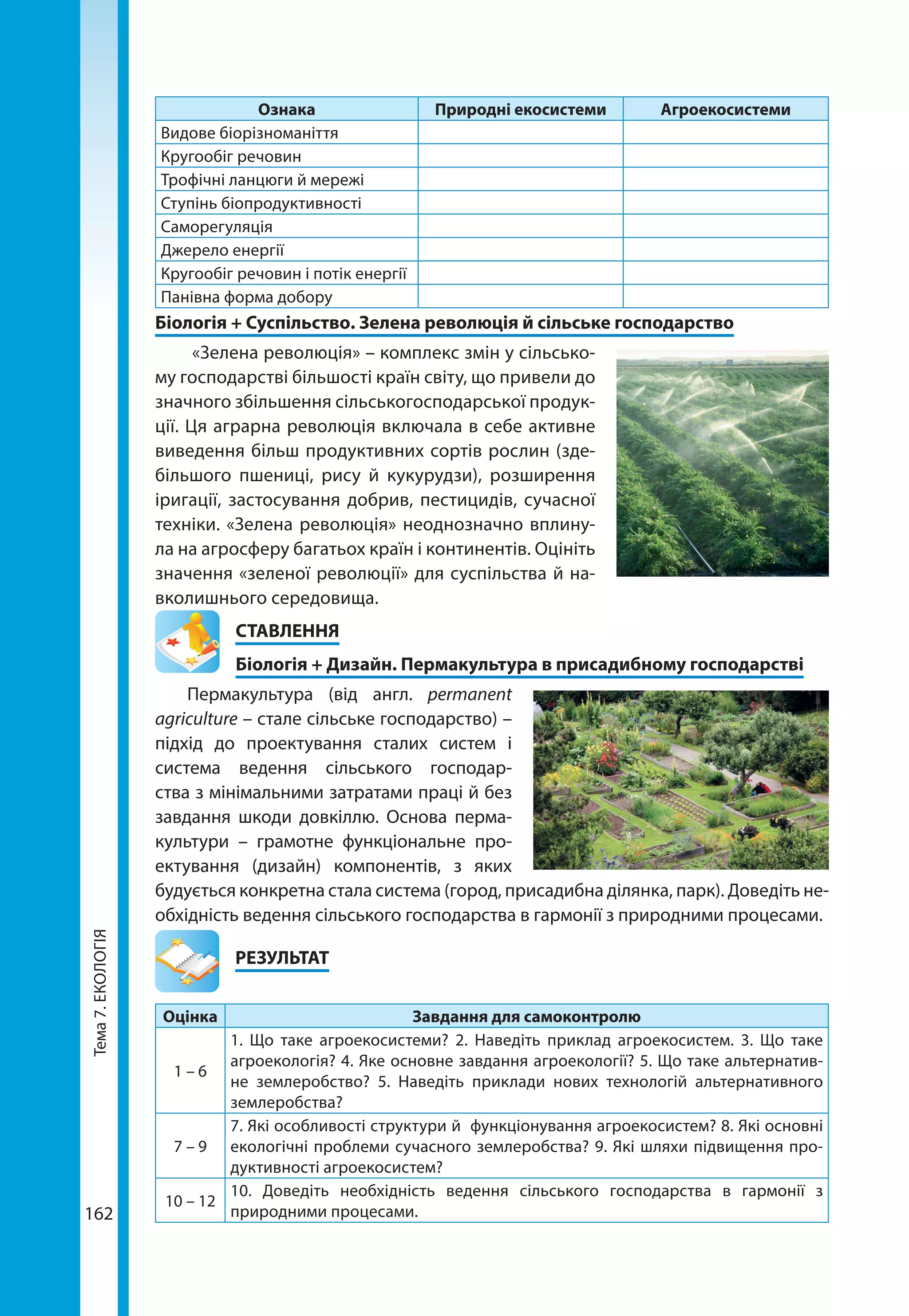 Тема7.ЕКОЛОГІЯ
162
Ознака Природні екосистеми Агроекосистеми
Видове біорізноманіття
Кругообіг речовин
Трофічні ланцюги й мережі
Ступінь біопродуктивності
Саморегуляція
Джерело енергії
Кругообіг речовин і потік енергії
Панівна форма добору
Біологія + Суспільство. Зелена революція й сільське господарство
«Зелена революція» – комплекс змін у сільсько-
му господарстві більшості країн світу, що привели до
значного збільшення сільськогосподарської продук-
ції. Ця аграрна революція включала в себе активне
виведення більш продуктивних сортів рослин (зде-
більшого пшениці, рису й кукурудзи), розширення
іригації, застосування добрив, пестицидів, сучасної
техніки. «Зелена революція» неоднозначно вплину-
ла на агросферу багатьох країн і континентів. Оцініть
значення «зеленої революції» для суспільства й на-
вколишнього середовища.
СТАВЛЕННЯ
Біологія + Дизайн. Пермакультура в присадибному господарстві
Пермакультура (від англ. permanent
agri­culture – стале сільське господарство) –
підхід до проектування сталих систем і
система ведення сільського господар-
ства з мінімальними затратами праці й без
завдання шкоди довкіллю. Основа перма-
культури  – грамотне функціональне про-
ектування (дизайн) компонентів, з яких
будується конкретна стала система (город, присадибна ділянка, парк). Доведіть не-
обхідність ведення сільського господарства в гармонії з природними процесами.
	РЕЗУЛЬТАТ
Оцінка Завдання для самоконтролю
1 – 6
1. Що таке агроекосистеми? 2. Наведіть приклад агроекосистем. 3. Що таке
агроекологія? 4. Яке основне завдання агроекології? 5. Що таке альтернатив-
не землеробство? 5. Наведіть приклади нових технологій альтернативного
землеробства?
7 – 9
7. Які особливості структури й функціонування агроекосистем? 8. Які основні
екологічні проблеми сучасного землеробства? 9. Які шляхи підвищення про-
дуктивності агроекосистем?
10 – 12
10. Доведіть необхідність ведення сільського господарства в гармонії з
природними процесами.
 