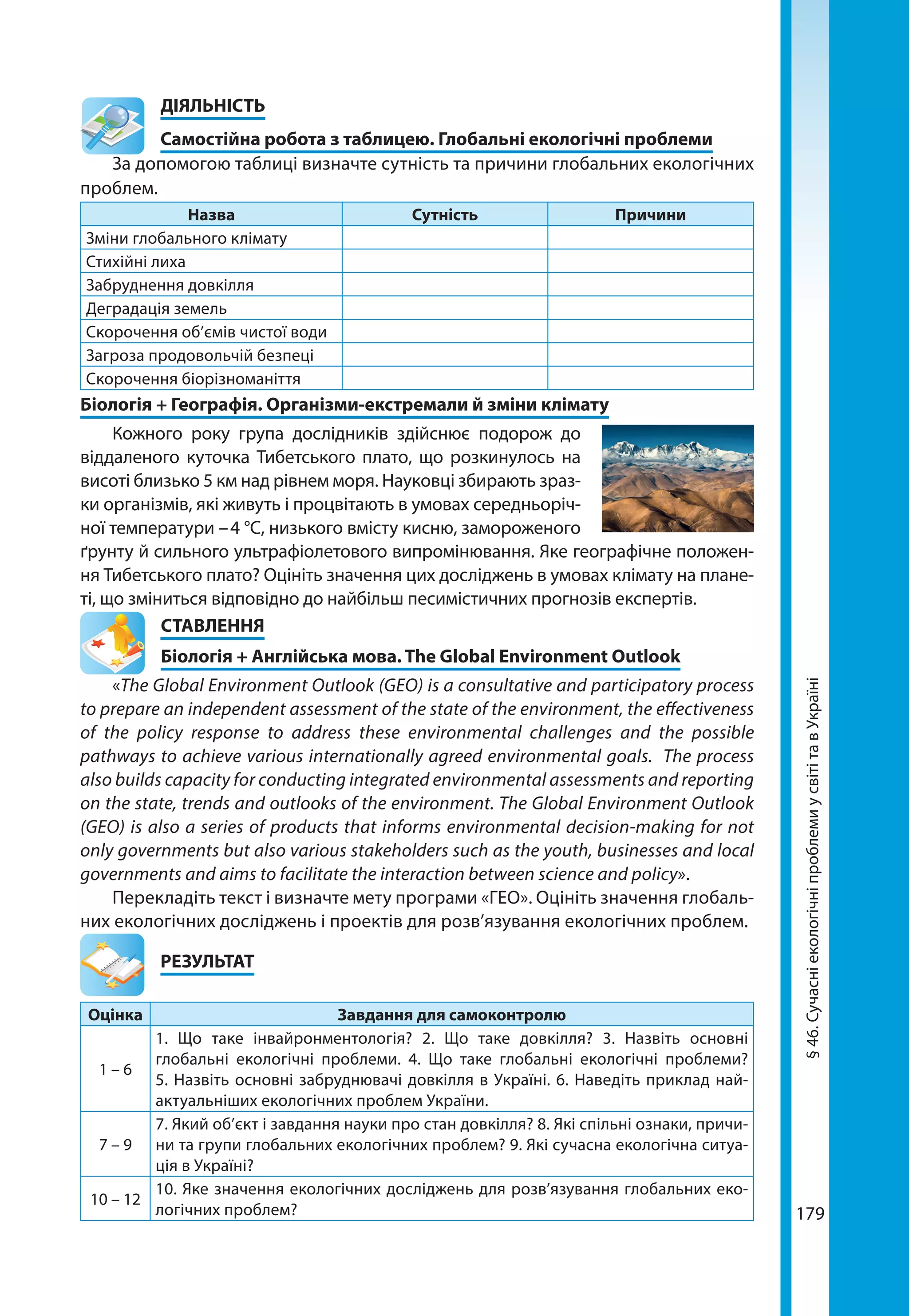 179
§46.СучасніекологічніпроблемиусвітітавУкраїні
	ДІЯЛЬНІСТЬ
	 Самостійна робота з таблицею. Глобальні екологічні проблеми
За допомогою таблиці визначте сутність та причини глобальних екологічних
проблем.
Назва Сутність Причини
Зміни глобального клімату
Стихійні лиха
Забруднення довкілля
Деградація земель
Скорочення об’ємів чистої води
Загроза продовольчій безпеці
Скорочення біорізноманіття
Біологія + Географія. Організми-екстремали й зміни клімату
Кожного року група дослідників здійснює подорож до
віддаленого куточка Тибетського плато, що розкинулось на
висоті близько 5 км над рівнем моря. Науковці збирають зраз-
ки організмів, які живуть і процвітають в умовах середньоріч-
ної температури – 4 °C, низького вмісту кисню, замороженого
ґрунту й сильного ультрафіолетового випромінювання. Яке гео­графічне положен-
ня Тибетського плато? Оцініть значення цих досліджень в умовах клімату на плане-
ті, що зміниться відповідно до найбільш песимістичних прогнозів експертів.
СТАВЛЕННЯ
Біологія + Англійська мова. The Global Environment Outlook
«The Global Environment Outlook (GEO) is a consultative and participatory process
to prepare an independent assessment of the state of the environment, the effectiveness
of the policy response to address these environmental challenges and the possible
pathways to achieve various internationally agreed environmental goals.  The process
also builds capacity for conducting integrated environmental assessments and reporting
on the state, trends and outlooks of the environment. The Global Environment Outlook
(GEO) is also a series of products that informs environmental decision-making for not
only governments but also various stakeholders such as the youth, businesses and local
governments and aims to facilitate the interaction between science and policy».
Перекладіть текст і визначте мету програми «ГЕО». Оцініть значення глобаль-
них екологічних досліджень і проектів для розв’язування екологічних проблем.
	РЕЗУЛЬТАТ
Оцінка Завдання для самоконтролю
1 – 6
1. Що таке інвайронментологія? 2. Що таке довкілля? 3. Назвіть основні
глобальні екологічні проблеми. 4. Що таке глобальні екологічні проблеми?
5. На­звіть основні забруднювачі довкілля в Україні. 6. Наведіть приклад най­
актуальніших екологічних проблем України.
7 – 9
7. Який об’єкт і завдання науки про стан довкілля? 8. Які спільні ознаки, причи-
ни та групи глобальних екологічних проблем? 9. Які сучасна екологічна ситуа-
ція в Україні?
10 – 12
10. Яке значення екологічних досліджень для розв’язування глобальних еко-
логічних проблем?
 