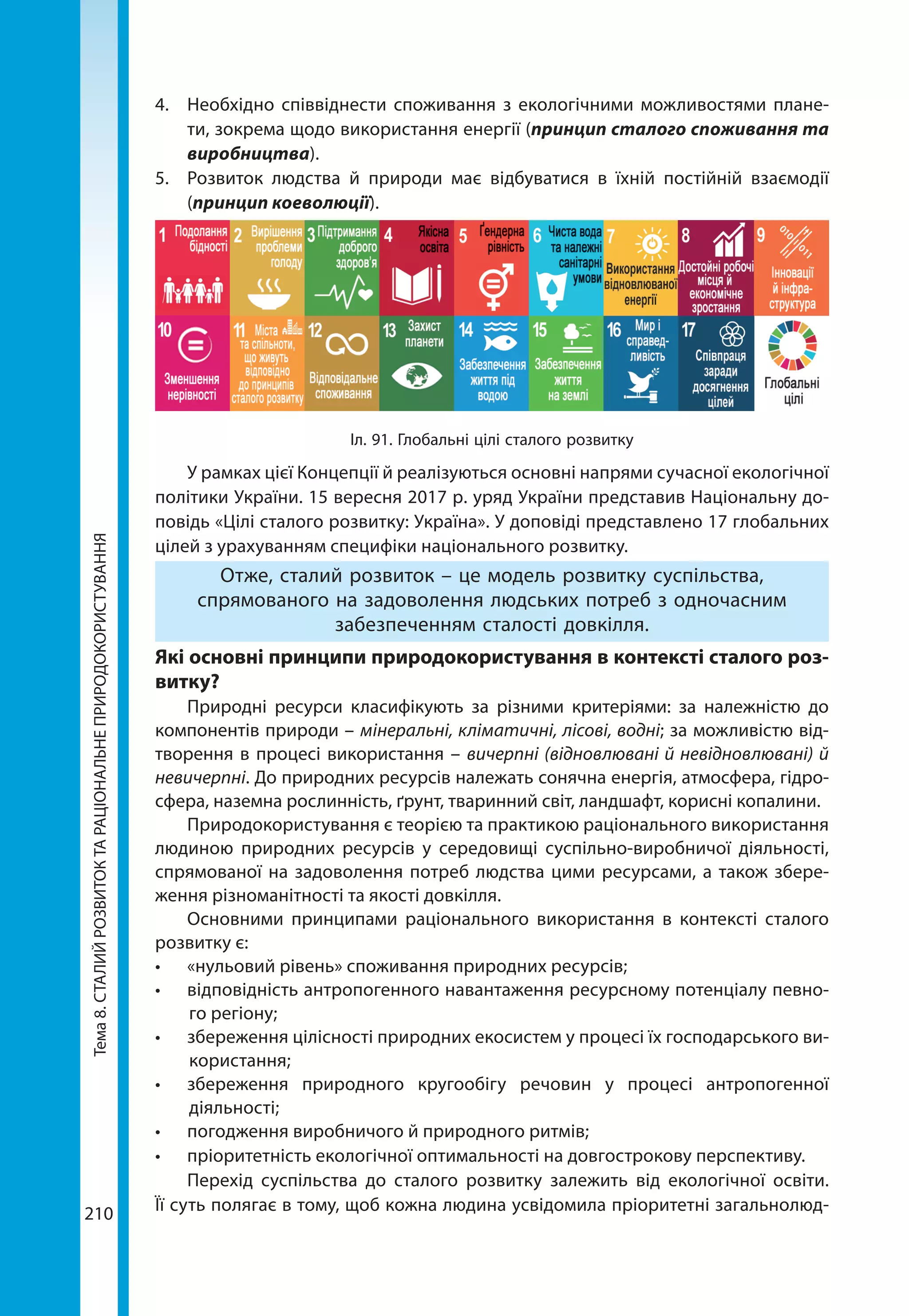 Тема8.СТАЛИЙРОЗВИТОКТАРАЦІОНАЛЬНЕПРИРОДОКОРИСТУВАННЯ
210
4.	 Необхідно співвіднести споживання з екологічними можливостями плане-
ти, зокрема щодо використання енергії (принцип сталого споживання та
виробництва).
5.	 Розвиток людства й природи має відбуватися в їхній постійній взаємодії
(принцип коеволюції).
Іл. 91. Глобальні цілі сталого розвитку
У рамках цієї Концепції й реалізуються основні напрями сучасної екологічної
політики України. 15 вересня 2017 р. уряд України представив Національну до-
повідь «Цілі сталого розвитку: Україна». У доповіді представлено 17 глобальних
цілей з урахуванням специфіки національного розвитку.
Отже, сталий розвиток – це модель розвитку суспільства,
спрямованого на задоволення людських потреб з одночасним
забезпеченням сталості довкілля.
Які основні принципи природокористування в контексті сталого роз-
витку?
Природні ресурси класифікують за різними критеріями: за належністю до
компонентів природи – мінеральні, кліматичні, лісові, водні; за можливістю від-
творення в процесі використання – вичерпні (відновлювані й невідновлювані) й
невичерпні. До природних ресурсів належать сонячна енергія, атмосфера, гідро­
сфера, наземна рослинність, ґрунт, тваринний світ, ландшафт, корисні копалини.
Природокористування є теорією та практикою раціонального використання
людиною природних ресурсів у середовищі суспільно-виробничої діяльності,
спрямованої на задоволення потреб людства цими ресурсами, а також збере-
ження різноманітності та якості довкілля.
Основними принципами раціонального використання в контексті сталого
розвитку є:
•	 «нульовий рівень» споживання природних ресурсів;
•	 відповідність антропогенного навантаження ресурсному потенціалу певно-
го регіону;
•	 збереження цілісності природних екосистем у процесі їх господарського ви-
користання;
•	 збереження природного кругообігу речовин у процесі антропогенної
діяльності;
•	 погодження виробничого й природного ритмів;
•	 пріоритетність екологічної оптимальності на довгострокову перспективу.
Перехід суспільства до сталого розвитку залежить від екологічної освіти.
Її суть полягає в тому, щоб кожна людина усвідомила пріоритетні загальнолюд-
 