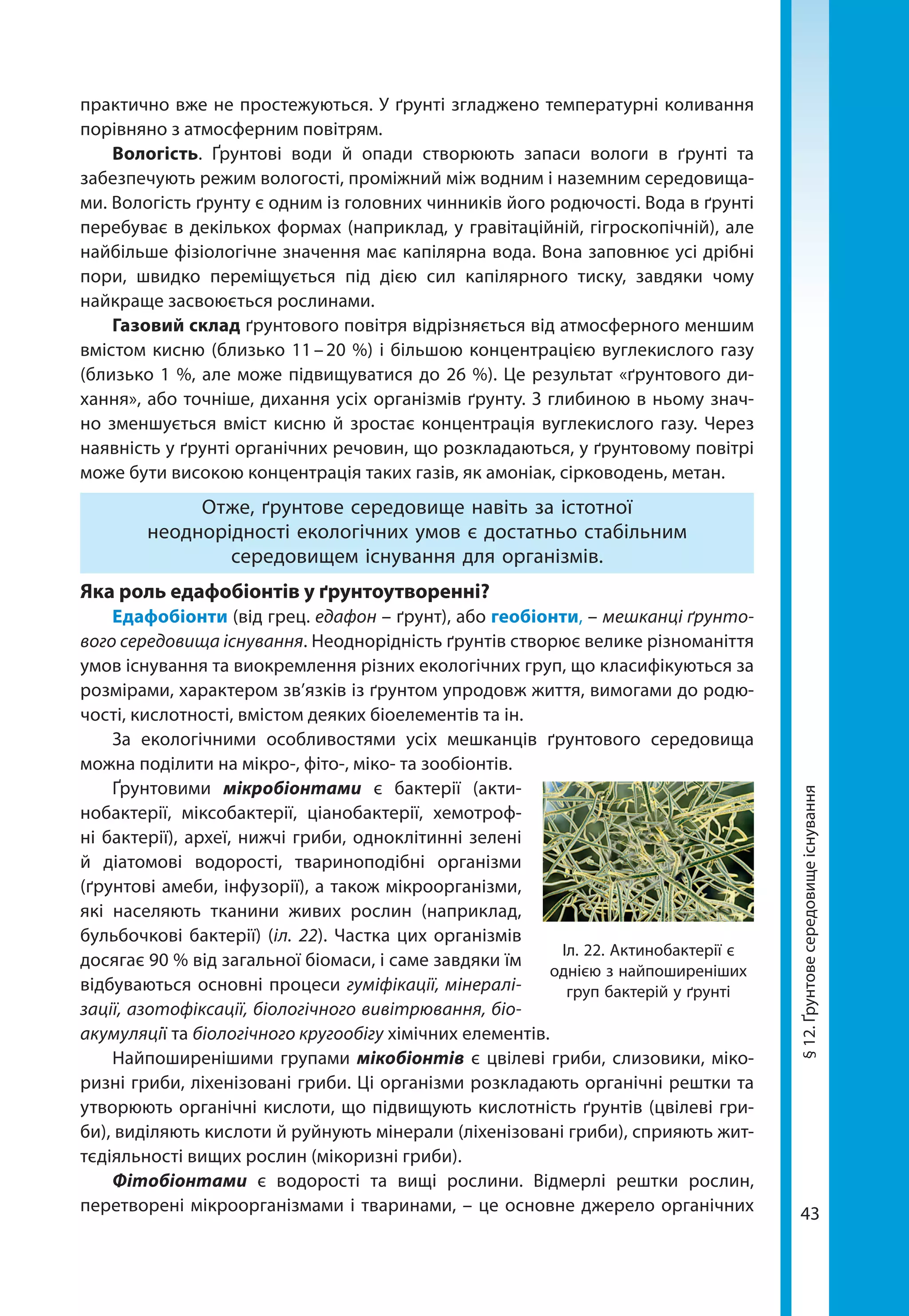 43
практично вже не простежуються. У ґрунті згладжено температурні коливання
порівняно з атмосферним повітрям.
Вологість. Ґрунтові води й опади створюють запаси вологи в ґрунті та
забезпечують режим вологості, проміжний між водним і наземним середовища-
ми. Вологість ґрунту є одним із головних чинників його родючості. Вода в ґрунті
перебуває в декількох формах (наприклад, у гравітаційній, гігроскопічній), але
найбільше фізіологічне значення має капілярна вода. Вона заповнює усі дрібні
пори, швидко переміщується під дією сил капілярного тиску, завдяки чому
найкраще засвоюється рослинами.
Газовий склад ґрунтового повітря відрізняється від атмосферного меншим
вмістом кисню (близько 11 – 20 %) і більшою концентрацією вуглекислого газу
(близько 1 %, але може підвищуватися до 26 %). Це результат «ґрунтового ди-
хання», або точніше, дихання усіх організмів ґрунту. З глибиною в ньому знач-
но зменшується вміст кисню й зростає концентрація вуглекислого газу. Через
наявність у ґрунті органічних речовин, що розкладаються, у ґрунтовому повітрі
може бути високою концентрація таких газів, як амоніак, сірководень, метан.
Отже, ґрунтове середовище навіть за істотної
неоднорідності екологічних умов є достатньо стабільним
середовищем існування для організмів.
Яка роль едафобіонтів у ґрунтоутворенні?
Едафобіонти (від грец. едафон – ґрунт), або геобіонти, – мешканці ґрунто-
вого середовища існування. Неоднорідність ґрунтів створює велике різноманіття
умов існування та виокремлення різних екологічних груп, що класифікуються за
розмірами, характером зв’язків із ґрунтом упродовж життя, вимогами до родю-
чості, кислотності, вмістом деяких біоелементів та ін.
За екологічними особливостями усіх мешканців ґрунтового середовища
можна поділити на мікро­-, фіто-, міко- та зообіонтів.
Ґрунтовими мікробіонтами є бактерії (акти-
нобактерії, міксобактерії, ціанобактерії, хемотроф-
ні бактерії), археї, нижчі гриби, одноклітинні зелені
й діатомові водорості, твариноподібні організми
(ґрунтові амеби, інфузорії), а також мікроорганізми,
які населяють тканини живих рослин (наприклад,
бульбочкові бактерії) (іл. 22). Частка цих організмів
досягає 90 % від загальної біомаси, і саме завдяки їм
відбуваються основні процеси гуміфікації, мінералі-
зації, азотофіксації, біологічного вивітрювання, біо-
акумуляції та біологічного кругообігу хімічних елементів.
Найпоширенішими групами мікобіонтів є цвілеві гриби, слизовики, міко-
ризні гриби, ліхенізовані гриби. Ці організми розкладають органічні рештки та
утворюють органічні кислоти, що підвищують кислотність ґрунтів (цвілеві гри-
би), виділяють кислоти й руйнують мінерали (ліхенізовані гриби), сприяють жит-
тєдіяльності вищих рослин (мікоризні гриби).
Фітобіонтами є водорості та вищі рослини. Відмерлі рештки рослин,
перетворені мікроорганізмами і тваринами, – це основне джерело органічних
§12.Ґрунтовесередовищеіснування
Іл. 22. Актинобактерії є
однією з найпоширеніших
груп бактерій у ґрунті
 
