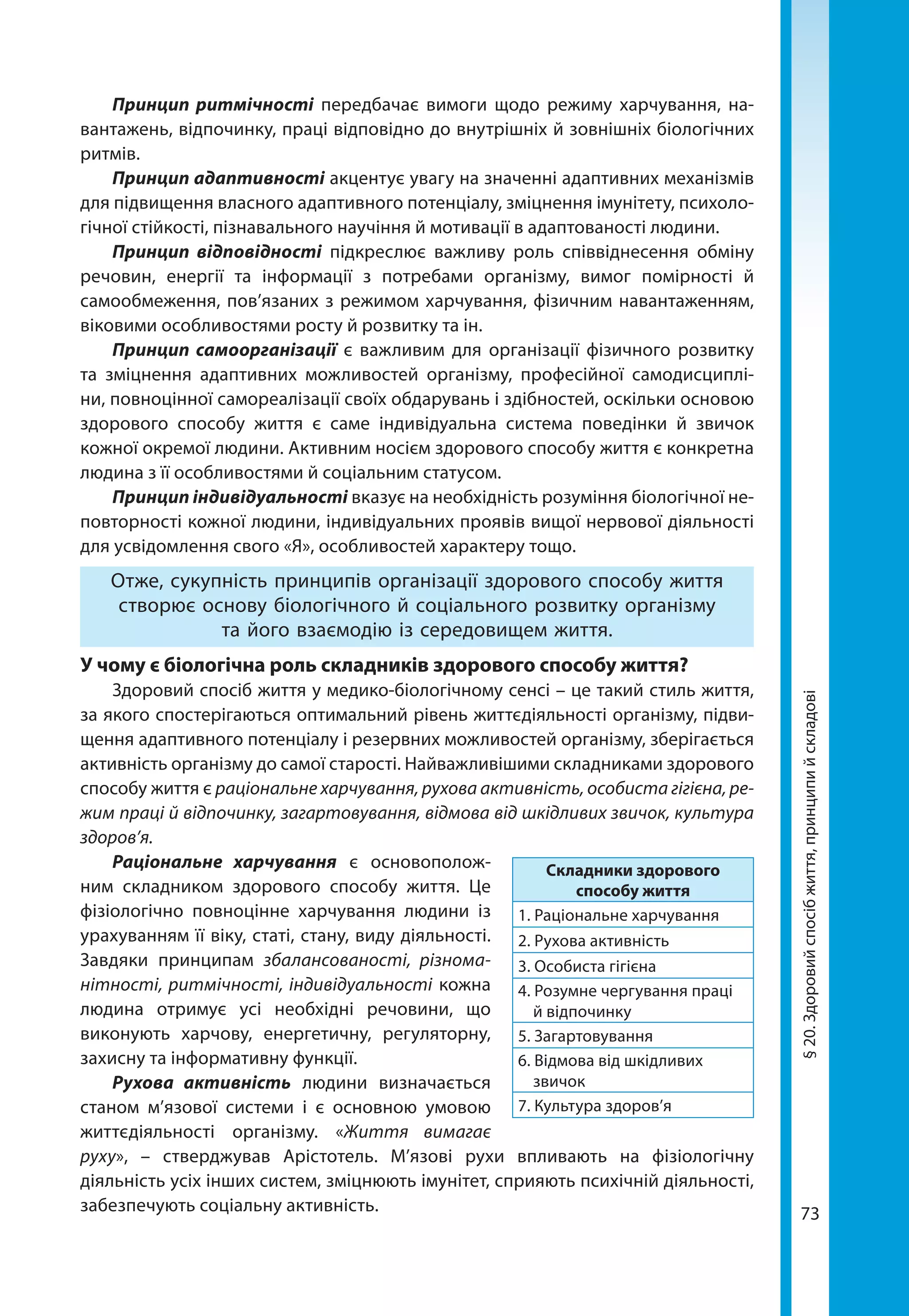 73
§20.Здоровийспосібжиття,принципийскладові
Принцип ритмічності передбачає вимоги щодо режиму харчування, на-
вантажень, відпочинку, праці відповідно до внутрішніх й зовнішніх біологічних
ритмів.
Принцип адаптивності акцентує увагу на значенні адаптивних механізмів
для підвищення власного адаптивного потенціалу, зміцнення імунітету, психоло-
гічної стійкості, пізнавального научіння й мотивації в адаптованості людини.
Принцип відповідності підкреслює важливу роль співвіднесення обміну
речовин, енергії та інформації з потребами організму, вимог помірності й
само­обмеження, пов’язаних з режимом харчування, фізичним навантаженням,
віковими особливостями росту й розвитку та ін.
Принцип самоорганізації є важливим для організації фізичного розвитку
та зміцнення адаптивних можливостей організму, професійної самодисциплі-
ни, повноцінної самореалізації своїх обдарувань і здібностей, оскільки основою
здорового способу життя є саме індивідуальна система поведінки й звичок
кожної окремої людини. Активним носієм здорового способу життя є конкретна
людина з її особливостями й соціальним статусом.
Принцип індивідуальності вказує на необхідність розуміння біологічної не-
повторності кожної людини, індивідуальних проявів вищої нервової діяльності
для усвідомлення свого «Я», особливостей характеру тощо.
Отже, сукупність принципів організації здорового способу життя
створює основу біологічного й соціального розвитку організму
та його взаємодію із середовищем життя.
У чому є біологічна роль складників здорового способу життя?
Здоровий спосіб життя у медико-біологічному сенсі – це такий стиль життя,
за якого спостерігаються оптимальний рівень життєдіяльності організму, підви-
щення адаптивного потенціалу і резервних можливостей організму, зберігається
активність організму до самої старості. Найважливішими складниками здорового
способу життя є раціональне харчування, рухова активність, особиста гігієна, ре-
жим праці й відпочинку, загартовування, відмова від шкідливих звичок, культура
здоров’я.
Раціональне харчування є основополож-
ним складником здорового способу життя. Це
фізіологічно повноцінне харчування людини із
урахуванням її віку, статі, стану, виду діяльності.
Завдяки принципам збалансованості, різнома-
нітності, ритмічності, індивідуальності кожна
людина отримує усі необхідні речовини, що
виконують харчову, енергетичну, регуляторну,
захисну та інформативну функції.
Рухова активність людини визначається
станом м’язової системи і є основною умовою
життєдіяльності організму. «Життя вимагає
руху», – стверджував Арістотель. М’язові рухи впливають на фізіологічну
діяльність усіх інших систем, зміцнюють імунітет, сприяють психічній діяльності,
забезпечують соціальну активність.
Складники здорового
способу життя
1. Раціональне харчування
2. Рухова активність
3. Особиста гігієна
4. Розумне чергування праці
й відпочинку
5. Загартовування
6. Відмова від шкідливих
звичок
7. Культура здоров’я
 