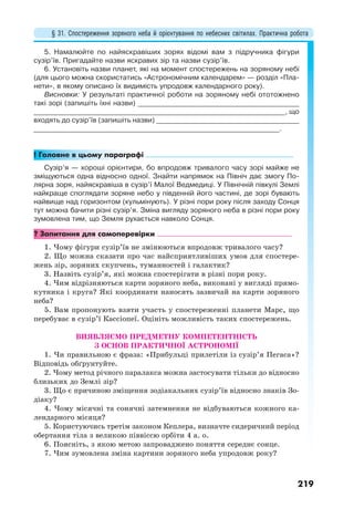 § 31. Спостереження зоряного неба й орієнтування по небесних світилах. Практична робота
219
5. Намалюйте по найяскравіших зорях відомі вам з підручника фігури
сузір’їв. Пригадайте назви яскравих зір та назви сузір’їв.
6. Установіть назви планет, які на момент спостережень на зоряному небі
(для цього можна скористатись «Астрономічним календарем» — розділ «Пла-
нети», в якому описано їх видимість упродовж календарного року).
Висновки: У результаті практичної роботи на зоряному небі ототожнено
такі зорі (запишіть їхні назви) ______________________________________________
________________________________________________________________________, що
входять до сузір’їв (запишіть назви) _________________________________________
______________________________________________________________________.
! Головне в цьому параграфі
Сузір’я — хороші орієнтири, бо впродовж тривалого часу зорі майже не
зміщуються одна відносно одної. Знайти напрямок на Північ дає змогу По-
лярна зоря, найяскравіша в сузір’ї Малої Ведмедиці. У Північній півкулі Землі
найкраще споглядати зоряне небо у південній його частині, де зорі бувають
найвище над горизонтом (кульмінують). У різні пори року після заходу Сонця
тут можна бачити різні сузір’я. Зміна вигляду зоряного неба в різні пори року
зумовлена тим, що Земля рухається навколо Сонця.
? Запитання для самоперевірки
1. Чому фігури сузір’їв не змінюються впродовж тривалого часу?
2. Що можна сказати про час найсприятливіших умов для спостере-
жень зір, зоряних скупчень, туманностей і галактик?
3. Назвіть сузір’я, які можна спостерігати в різні пори року.
4. Чим відрізняються карти зоряного неба, виконані у вигляді прямо-
кутника і круга? Які координати наносять зазвичай на карти зоряного
неба?
5. Вам пропонують взяти участь у спостереженні планети Марс, що
перебуває в сузір’ї Кассіопеї. Оцініть можливість таких спостережень.
ВИЯВЛЯЄМО ПРЕДМЕТНУ КОМПЕТЕНТНІСТЬ
З ОСНОВ ПРАКТИЧНОЇ АСТРОНОМІЇ
1. Чи правильною є фраза: «Прибульці прилетіли із сузір’я Пегаса»?
Відповідь обґрунтуйте.
2. Чому метод річного паралакса можна застосувати тільки до відносно
близьких до Землі зір?
3. Що є причиною зміщення зодіакальних сузір’їв відносно знаків Зо-
діаку?
4. Чому місячні та сонячні затемнення не відбуваються кожного ка-
лендарного місяця?
5. Користуючись третім законом Кеплера, визначте сидеричний період
обертання тіла з великою піввіссю орбіти 4 а. о.
6. Поясніть, з якою метою запроваджено поняття середнє сонце.
7. Чим зумовлена зміна картини зоряного неба упродовж року?
 