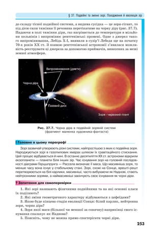 § 37. Подвійні та змінні зорі. Походження й еволюція зір
253
до складу тісної подвійної системи, а видима сусідка — це зоря-гігант, то
під дією сили тяжіння її речовина перетікатиме на чорну діру (рис. 37.7).
Падаючи в полі тяжіння діри, газ нагрівається до температури в мільйо-
ни кельвінів і випромінює рентгенівські промені. Одне з джерел тако-
го випромінювання, Лебідь Х-І, виявили в сузір’ї Лебедя ще на початку
70-х років ХХ ст. З появою рентгенівської астрономії з’явилася можли-
вість реєструвати ці джерела за допомогою приймачів, винесених за межі
земної атмосфери.
Рис. 37.7. Чорна діра в подвійній зоряній системі
(фрагмент малюнка художника-фантаста)
! Головне в цьому параграфі
Зорі зазвичай утворюють різні системи, найпростішою з яких є подвійна зоря.
Народжуються зорі в газопилових хмарах шляхом їх гравітаційного стискання.
Цей процес відбувається й нині. В останнє десятиліття ХХ ст. астрономи відкрили
екзопланети — планети біля інших зір. Час існування зорі на головній послідов-
ності діаграми Герцшпрунга — Рассела визначає її маса. Що масивніша зоря, то
менше часу вона існує у стабільному стані. Зорі, схожі на Сонце, врешті-решт
перетворюються на білі карлики, масивніші, часто вибухаючи як Наднові, стають
нейтронними зорями, а наймасивніші закінчують своє існування як чорні діри.
? Запитання для самоперевірки
1. Які зорі називають фізичними подвійними та на які основні класи
їх поділяють?
2. Які зміни геометричного характеру відбуваються з цефеїдами?
3. Якою буде кінцева стадія еволюції Сонця: білий карлик, нейтронна
зоря, чорна діра?
4. Зоря якої маси (більшої чи меншої за сонячну) наприкінці свого іс-
нування спалахує як Наднова?
5. Поясніть, чому не можна прямо спостерігати чорні діри.
 