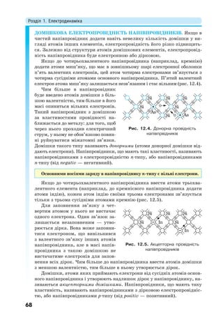 Розділ 1. Електродинаміка
68
ДОМІШКОВА ЕЛЕКТРОПРОВІДНІСТЬ НАПІВПРОВІДНИКІВ. Якщо в
чистий напівпровідник додати навіть невелику кількість домішки у ви-
гляді атомів інших елементів, електропровідність його різко підвищить-
ся. Залежно від структури атомів домішкових елементів, електропровід-
ність напівпровідника буде електронною або дірковою.
Якщо до чотирьохвалентного напівпровідника (наприклад, кремнію)
додати атоми миш’яку, що має в зовнішньому шарі електронної оболонки
п’ять валентних електронів, цей атом чотирма електронами зв’язується з
чотирма сусідніми атомами основного напівпровідника. П’ятий валентний
електрон атома миш’яку залишається незв’язаним і стає вільним (рис. 12.4).
Чим більше в напівпровідник
буде введено атомів домішки з біль-
шою валентністю, тим більше в його
масі опиниться вільних електронів.
Такий напівпровідник з домішкою
за властивостями провідності на-
ближається до металу: для того, щоб
через нього проходив електричний
струм, у ньому не обов’язково повин-
ні руйнуватися міжатомні зв’язки.
Домішки такого типу називають донорними (атоми донорної домішки від-
дають електрони). Напівпровідники, що мають такі властивості, називають
напівпровідниками з електропровідністю n-типу, або напівпровідниками
n-типу (від negativ — негативний).
Основними носіями заряду в напівпровіднику n-типу є вільні електрони.
Якщо до чотирьохвалентного напівпровідника ввести атоми трьохва-
лентного елемента (наприклад, до кремнієвого напівпровідника додати
атоми індію), кожен атом індію своїми трьома електронами зв’язується
тільки з трьома сусідніми атомами кремнію (рис. 12.5).
Для заповнення зв’язку з чет-
вертим атомом у нього не вистачає
одного електрона. Один зв’язок за-
лишається незаповненим — утво-
рюється дірка. Вона може заповни-
тися електроном, що вивільнився
з валентного зв’язку інших атомів
напівпровідника, але в масі напів-
провідника з такою домішкою не
вистачатиме електронів для запов-
нення всіх дірок. Чим більше до напівпровідника ввести атомів домішки
з меншою валентністю, тим більше в ньому утворюється дірок.
Домішки, атоми яких приймають електрони від сусідніх атомів основ-
ного напівпровідника і утворюють надлишок дірок у напівпровіднику, на-
зиваються акцепторними домішками. Напівпровідники, що мають таку
властивість, називають напівпровідниками з дірковою електропровідніс-
тю, або напівпровідниками р-типу (від positiv — позитивний).
Si Si Si
As
As
Si Si
Si
Рис. 12.4. Донорна провідність
напівпрвідників
Si Si Si
Si SiIn
In
Рис. 12.5. Акцепторна провідність
напівпровідників
 