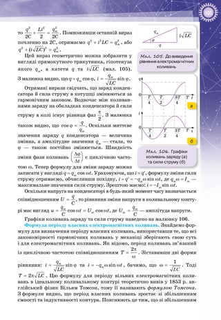 105
то
22 2
2 2 2
mqq Li
C C
+ =. Помноживши останній вираз
почленно на 2С, отримаємо 2 2 2
mq i LC q+ =, або
2 2 2
( ) mq i LC q+ =.
Цей вираз геометрично можна зобразити у
вигляді прямокутного трикутника, гіпотенуза
якого qm
, а катети q та i LC (мал. 105).
З малюнка видно, що q = qm
cos ϕ, sinmq
i
LC
= ϕ.
Отримані вирази свідчать, що заряд конден­
сатора й сила струму в котушці змінюються за
гармонічним законом. Водночас між коливан­
нями заряду на обкладках конденсатора й сили
струму в колі існує різниця фаз 
2
π
. З малюнка
також видно, що cos
m
q
q
ϕ = . Оскільки миттєве
значення заряду q конденсатора  — величина
змінна, а амплітудне значення qm
  — стала, то
ϕ  — також постійно змінюється. Швидкість
зміни фази коливань
t
∆ϕ 
  ∆
є циклічною часто­
тою ω. Тепер формулу для зміни заряду можна
записати у вигляді q = qm
 cos ωt. Ураховуючи, що i = q′, формулу зміни сили
струму отримаємо, обчисливши похідну, i = q′ = –qm
ω sin ωt, де qm
ω = Im
 —
максимальне значення сили струму. Зрештою маємо: i = –Im 
sin ωt.
Оскільки напруга на конденсаторі в будь-який момент часу визначається
співвідношенням
q
U
C
= , то рівняння зміни напруги в коливальному конту­
рі має вигляд cos cosm
m
q
u t U t
C
= ω= ω , де m
m
q
U
C
=  — амплітуда напруги.
Графіки коливань заряду та сили струму наведено на малюнку 106.
Формула періоду власних електромагнітних коливань. Знайдемо фор­
мулу для визначення періоду власних коливань, використавши те, що всі
закономірності гармонічних коливань у механіці зберігають свою суть
і для електромагнітних коливань. Як відомо, період коливань зв’язаний
із циклічною частотою співвідношенням
2
T
π
=
ω
. Зіставивши дві форми
рівняння: sinmq
i
LC
= ϕ та sinmi q t=− ω ω , бачимо, що
1
ω =
LC
. Тоді
2T LC= π . Цю формулу для періоду вільних електромагнітних коли­
вань в ідеальному коливальному контурі теоретично вивів у 1853 р. ан­
глійський фізик Вільям Томсон, тому її називають формулою Томсона.
З формули видно, що період власних коливань зростає зі збільшенням
ємності та індуктивності контура. Пояснюють це тим, що зі збільшенням
Мал. 105. До виведення
рівняння електромагнітних
коливань
q
qm
ϕ
i LC
Мал. 106. Графіки
коливань заряду (а)
та сили струму (б)
T
T
t
t
q
4
T
4
T
2
T
2
T
4
3T
4
3T
0
i
0
а
б
 