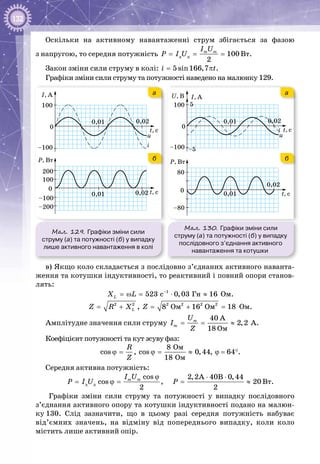 132
Оскільки на активному навантаженні струм збігається за фазою
з напругою, то середня потужність= = =ä ä 100
2
m mI U
P I U Вт.
Закон зміни сили струму в колі:= π5 sin166,7i t.
Графіки зміни сили струму та потужності наведено на малюнку 129.
I, А
t, с
i
u
0
0,01
–100
100
0,02
P, Вт
t, с
0
0,01
–100
–200
100
200
0,02
а
б
I, АU, В
t, сi
u
0
0,01
–100 –5
100 5
0,02
P, Вт
t, с
0
0,01
–80
80
0,02
а
б
Мал. 129. Графіки зміни сили
струму (а) та потужності (б) у випадку
лише активного навантаження в колі
Мал. 130. Графіки зміни сили
струму (а) та потужності (б) у випадку
послідовного з’єднання активного
навантаження та котушки
в) Якщо коло складається з послідовно з’єднаних активного наванта­
ження та котушки індуктивності, то реактивний і повний опори станов­
лять:
1
Ãí523 c 0,03 16LX L −
=ω = ⋅ ≈ Ом.
= +2 2
LZ R X , 2 2 2 2
Îì Îì8 16 18Z = + = Ом.
Амплітудне значення сили струму
ì
40 A
2,2
18 O
m
m
U
I
Z
= = ≈ А.
Коефіцієнт потужності та кут зсуву фаз:
ϕ =cos
R
Z
,
Îì
Îì
8
cos 0,44,
18
ϕ= ≈ ϕ = 64°.
Середня активна потужність:
ϕ ⋅ ⋅
= ϕ= = ≈ä ä
cos 2,2A 40B 0,44
cos , 20
2 2
m mI U
P I U P Вт.
Графіки зміни сили струму та потужності у випадку послідовного
з’єднання активного опору та котушки індуктивності подано на малюн­
ку 130. Слід зазначити, що в цьому разі середня потужність набуває
від’ємних значень, на відміну від попереднього випадку, коли коло
містить лише активний опір.
 