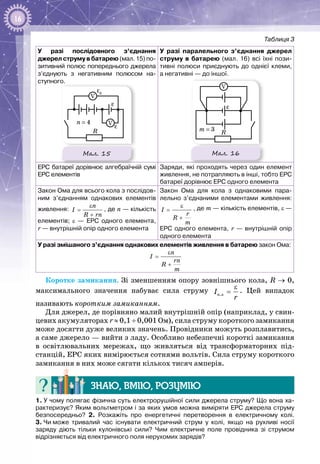 16
Таблиця 3
У разі послідовного з’єднання 
джерел струму в батарею (мал. 15) по-
зитивний полюс попереднього джерела
з’єднують з негативним полюсом на-
ступного.
R
n = 4
m = 3
V
V
V ε
ε ε
εб
R
Мал. 15
У разі паралельного з’єднання джерел
струму в батарею (мал. 16) всі їхні пози-
тивні полюси приєднують до однієї клеми,
а негативні — до іншої.
R
n = 4
m = 3
V
V
V ε
ε ε
εб
R
Мал. 16
ЕРС батареї дорівнює алгебраїчній сумі
ЕРС елементів
Заряди, які проходять через один елемент
живлення, не потрапляють в інші, тобто ЕРС
батареї дорівнює ЕРС одного елемента
Закон Ома для всього кола з послідов-
ним з’єднанням однакових елементів
живлення:
ε
=
+
n
I
R rn
, де n — кількість
елементів; ε  — ЕРС одного елемента,
r — внутрішній опір одного елемента
Закон Ома для кола з однаковими пара-
лельно з’єднаними елементами живлення:
ε
=
+
I
r
R
m
, де m — кількість елементів, ε —
ЕРС одного елемента, r — внутрішній опір
одного елемента
У разі змішаного з’єднання однакових елементів живлення в батарею закон Ома:
ε
=
+
n
I
rn
R
m
Коротке замикання. Зі зменшенням опору зовнішнього кола, R → 0,
максимального значення набуває сила струму ê.çI
r
ε
= . Цей випадок
називають коротким замиканням.
Для джерел, де порівняно малий внутрішній опір (наприклад, у свин­
цевих акумуляторах r ≈ 0,1 ÷ 0,001 Ом), сила струму короткого замикання
може досягти дуже великих значень. Провідники можуть розплавитись,
а саме джерело — вийти з ладу. Особливо небезпечні короткі замикання
в освітлювальних мережах, що живляться від трансформаторних під­
станцій, ЕРС яких вимірюється сотнями вольтів. Сила струму короткого
замикання в них може сягати кількох тисяч амперів.
Знаю, вмію, розумію
1. У чому полягає фізична суть електрорушійної сили джерела струму? Що вона ха-
рактеризує? Яким вольтметром і за яких умов можна виміряти ЕРС джерела струму
безпосередньо? 2. Розкажіть про енергетичні перетворення в електричному колі.
3. Чи може тривалий час існувати електричний струм у колі, якщо на рухливі носії
заряду діють тільки кулонівські сили? Чим електричне поле провідника зі струмом
відрізняється від електричного поля нерухомих зарядів?
 