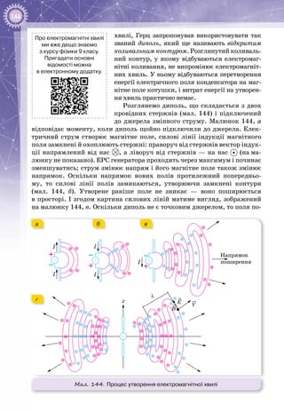 144
хвилі, Герц запропонував використовувати так
званий диполь, який ще називають відкритим
коливальним контуром. Розглянутий коливаль­
ний контур, у якому відбуваються електромаг­
нітні коливання, не випромінює електромагніт­
них хвиль. У ньому відбуваються перетворення
енергії електричного поля конденсатора на маг­
нітне поле котушки, і витрат енергії на утворен­
ня хвиль практично немає.
Розглянемо диполь, що складається з двох
провідних стержнів (мал. 144) і підключений
до джерела змінного струму. Малюнок 144, а
відповідає моменту, коли диполь щойно підключили до джерела. Елек­
тричний струм створює магнітне поле, силові лінії індукції магнітного
поля замкнені й охоплюють стержні: праворуч від стержнів вектор індук­
ції напрямлений від нас , а ліворуч від стержнів — на нас (на ма­
люнку не показано). ЕРС генератора проходить через максимум і починає
зменшуватись; струм змінює напрям і його магнітне поле також змінює
напрямок. Оскільки напрямок нових полів протилежний попередньо­
му, то силові лінії полів замикаються, утворюючи замкнені контури
(мал.  144, б). Утворене раніше поле не зникає  — воно поширюється
в просторі. І згодом картина силових ліній матиме вигляд, зображений
на малюнку 144, в. Оскільки диполь не є точковим джерелом, то поля по­
Про електромагнітні хвилі
ми вже дещо знаємо
з курсу фізики 9 класу.
Пригадати основні
відомості можна
в електронному додатку.
Мал. 144. Процес утворення електромагнітної хвилі
I I
I
λ
I
I
z
B
E
V
Напрямок
поширення
–
+
–
+
–
+
а б в
г
 