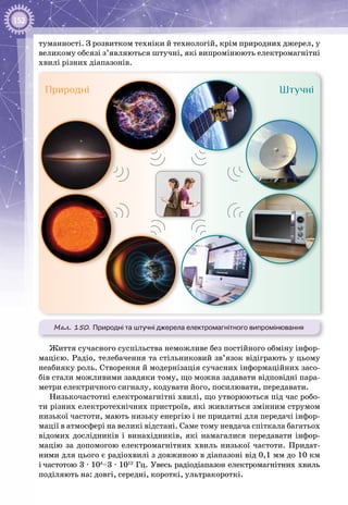 152
туманності. З розвитком техніки й технологій, крім природних джерел, у
великому обсязі з’являються штучні, які випромінюють електромагнітні
хвилі різних діапазонів.
Мал. 150. Природні та штучні джерела електромагнітного випромінювання
Природні Штучні
Життя сучасного суспільства неможливе без постійного обміну інфор­
мацією. Радіо, телебачення та стільниковий зв’язок відіграють у цьому
неабияку роль. Створення й модернізація сучасних інформаційних засо­
бів стали можливими завдяки тому, що можна задавати відповідні пара­
метри електричного сигналу, кодувати його, посилювати, передавати.
Низькочастотні електромагнітні хвилі, що утворюються під час робо­
ти різних електротехнічних пристроїв, які живляться змінним струмом
низької частоти, мають низьку енергію і не придатні для передачі інфор­
мації в атмосфері на великі відстані. Саме тому невдача спіткала багатьох
відомих дослідників і винахідників, які намагалися передавати інфор­
мацію за допомогою електромагнітних хвиль низької частоти. Придат­
ними для цього є радіохвилі з довжиною в діапазоні від 0,1 мм до 10 км
і частотою 3 ∙ 104
–3 ∙ 1012
 Гц. Увесь радіодіапазон електромагнітних хвиль
поділяють на: довгі, середні, короткі, ультракороткі.
 