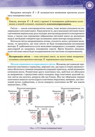 189
Напрямок векторів E

і B

залишається незмінним протягом усього
часу поширення хвилі.
Хвилю, вектори E

і B

якої у процесі її поширення здійснюють коли­
вання в певній площині, називають плоскополяризованою.
Світло — також електромагнітна хвиля, тому можна очікувати на по­
ляризацію і світлової хвилі. Ураховуючи те, що у взаємодії світлової хвилі
з речовиною вирішальну роль відіграє вектор напруженості електричного
поля, а також для спрощення зображення світлової хвилі на малюнках
надалі ми будемо говорити про коливання лише вектора напруженості.
Оскільки світло випромінюють атоми, кількість яких у речовині вели­
чезна, то зрозуміло, що таке світло не буде поляризованим (коливання
вектора E

здійснюються в усіх можливих напрямках у площині, перпен­
дикулярній до напрямку поширення хвилі). Проте бувають випадки,
коли світлова хвиля буде поляризованою (чи частково поляризованою).
Поляризація світла — стан світлової хвилі, за якого певні напрямки
коливань електричного вектора E

переважають над іншими.
Методи отримання поляризованого світла. Візьмемо дві однакові пря­
мокутні пластинки з турмаліну, вирізані так, що одна зі сторін прямокут­
ника збігається з певним напрямком усередині кристала, який називають
оптичною віссю. Розмістимо другу пластинку так, щоб їхні осі збігалися
за напрямком, і пропустимо крізь складену пару пластинок вузький пу­
чок світла від якогось джерела або від Сонця. Під час обертання першої
пластинки навколо пучка (друга пластинка нерухома), виявимо, що світ­
ловий пучок слабшатиме, а після повороту пластинки на 90° він зовсім
зникне (мал. 179).
Мал. 179. Схема поляризації хвилі
Природне
світло
Плоскополяризоване
світло
A A′
B′
O
O′
O
O′
B
T1
T2
Природне
світло
Плоскополяризоване
світло
Плоскополяризоване
світло
A A′
B′
O
O′
O
O′
B
T1
T2
Природне
світло
A A′
B′
O
O′
O
O′
B
T1
T2
 