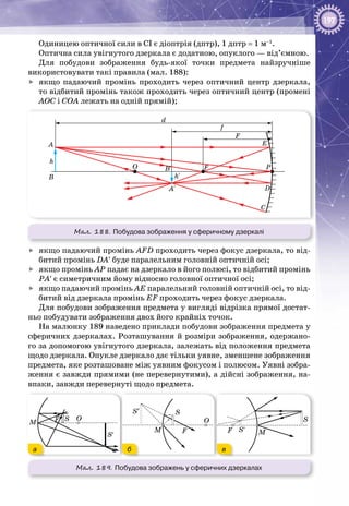 197
Одиницею оптичної сили в СІ є діоптрія (дптр), 1 дптр = 1 м–1
.
Оптична сила увігнутого дзеркала є додатною, опуклого — від’ємною.
Для побудови зображення будь-якої точки предмета найзручніше
використовувати такі правила (мал. 188):
	 якщо падаючий промінь проходить через оптичний центр дзеркала,
то відбитий промінь також проходить через оптичний центр (промені
АОС і СОА лежать на одній прямій);
Мал. 188. Побудова зображення у сферичному дзеркалі
A′
B′
h′
h
B
A
F
F
f
d
O
C
D
P
E
	 якщо падаючий промінь AFD проходить через фокус дзеркала, то від­
битий промінь DA′ буде паралельним головній оптичній осі;
	 якщо промінь AP падає на дзеркало в його полюсі, то відбитий промінь
РA′ є симетричним йому відносно головної оптичної осі;
	 якщо падаючий промінь АЕ паралельний головній оптичній осі, то від­
битий від дзеркала промінь EF проходить через фокус дзеркала.
Для побудови зображення предмета у вигляді відрізка прямої достат­
ньо побудувати зображення двох його крайніх точок.
На малюнку 189 наведено приклади побудови зображення предмета у
сферичних дзеркалах. Розташування й розміри зображення, одержано­
го за допомогою увігнутого дзеркала, залежать від положення предмета
щодо дзеркала. Опукле дзеркало дає тільки уявне, зменшене зображення
предмета, яке розташоване між уявним фокусом і полюсом. Уявні зобра­
ження є завжди прямими (не перевернутими), а дійсні зображення, на­
впаки, завжди перевернуті щодо предмета.
FM
S
S′
O
FM
SS′
O
F M
S
S′
а б в
Мал. 189. Побудова зображень у сферичних дзеркалах
 