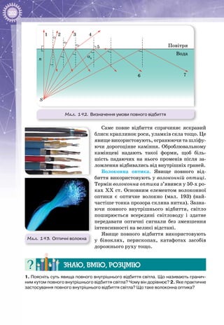 202
Мал. 192. Визначення умови повного відбиття
Повітря
1
6
5
42 3
7
α0n
S
Вода
Саме повне відбиття спричиняє яскравий
блиск краплинок роси, уламків скла тощо. Це
явище використовують, огранюючи та шліфу­
ючи дорогоцінне каміння. Оброблювальному
камінцеві надають такої форми, щоб біль­
шість падаючих на нього променів після за­
ломлення відбивались від внутрішніх граней.
Волоконна оптика. Явище повного від­
биття використовують у волоконній оптиці.
Термін волоконна оптика з’явився у 50-х ро­
ках XX ст. Основним елементом волоконної
оптики є оптичне волокно (мал.  193) (най­
частіше тонка прозора скляна нитка). Зазна­
ючи повного внутрішнього відбиття, світло
поширюється всередині світловоду і здатне
передавати оптичні сигнали без зменшення
інтенсивності на великі відстані.
Явище повного відбиття використовують
у біноклях, перископах, катафотах засобів
дорожнього руху тощо.
Знаю, вмію, розумію
1. Поясніть суть явища повного внутрішнього відбиття світла. Що називають гранич-
ним кутом повного внутрішнього відбиття світла? Чому він дорівнює? 2. Яке практичне
застосування повного внутрішнього відбиття світла? Що таке волоконна оптика?
Мал. 193. Оптичні волокна
 