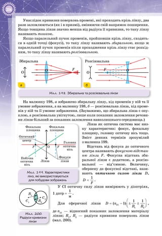 206
Унаслідок кривизни поверхонь промені, які проходять крізь лінзу, два
рази заломлюються (як і в призмі), змінюючи свій напрямок поширення.
Якщо товщина лінзи значно менша від радіуса її кривизни, то таку лінзу
називають тонкою.
Якщо паралельний пучок променів, пройшовши крізь лінзу, сходить­
ся в одній точці (фокусі), то таку лінзу називають збиральною, якщо ж
паралельний пучок променів після проходження крізь лінзу стає розхід­
ним, то таку лінзу називають розсіювальною.
Мал. 198. Збиральна та розсіювальна лінзи
F
O
OO
Збиральна
F
O
Розсіювальна
F
O
OO
Збиральна
F
O
Розсіювальна
а б
На малюнку 198, а зображено збиральну лінзу, хід променів у ній та її
умовне зображення, а на малюнку 198, б — розсіювальна лінза, хід проме­
нів у ній та її умовне зображення. (Зауважимо, що збиральна лінза є опу­
клою, а розсіювальна увігнутою, лише коли показник заломлення речови­
ни лінзи більший за показник заломлення навколишнього середо­вища.)
Лінза як оптична система має низ­
ку характеристик: фокус, фокальну
площину, головну оптичну вісь тощо.
Зміст деяких термінів зрозумілий
з малюнка 199.
Відстань від фокуса до оптичного
центра називають фокусною відстан-
ню лінзи F. Фокусна відстань зби­
ральної лінзи є додатною, а розсію­
вальної  — від’ємною. Величину,
обернену до фокусної відстані, нази­
вають оптичною силою лінзи D,
1
D
F
= .
У СІ оптичну силу лінзи вимірюють у діоптріях,
1 дптр =
1
ì
.
Для сферичної лінзи 21
1 2
1 1
( 1)D n
R R
 
= − ± ±  
,
де n21
  — відносний показник заломлення матеріалу
лінзи; R1
, R2
  — радіуси кривизни поверхонь лінзи
(мал. 200).
Мал. 200.
Радіуси кривизни
лінзи
С1
R1
C2
R2
Мал. 199. Характеристики
лінз, які використовуються
для побудови зображень
Головна
оптична
вісь
OF F
Оптичний
центр
Фокуси
лінзи
Побічна
оптична
вісь
Фокальна
площина
Фокальна
площина
Лінза
 
