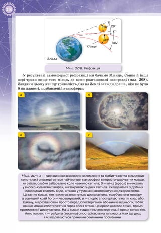 214
26′ 29′
32′
35′
Сонце
Земля
Мал. 208. Рефракція
У результаті атмосферної рефракції ми бачимо Місяць, Сонце й інші
зорі трохи вище того місця, де вони розташовані насправді (мал. 208).
Завдяки цьому явищу тривалість дня на Землі завжди довша, ніж це було
б на планеті, позбавленій атмосфери.
а
в
б
г
Мал. 209. а — гало виникає внаслідок заломлення та відбиття світла в льодяних
кристалах і спостерігається найчастіше в атмосфері в перисто-шаруватих хмарах
як світле, слабко забарвлене коло навколо світила; б — вінці (ореол) виникають
у високо-купчастих хмарах, які закривають диск світила і складаються з дрібних
однорідних крапель води, а також у туманах навколо штучних джерел світла.
Це світле кільце, яке прилягає впритул до диска світила, голубуватого кольору,
а зовнішній край його — червонуватий; в — глорію спостерігають на тлі хмар або
туману, які розташовані просто перед спостерігачем або нижче від нього, тобто
явище можна спостерігати в горах або з літака. Це ореол навколо точки, прямо
протилежної диску світила. На ці хмари падає тінь спостерігача, й ореол вінчає тінь
його голови; г — райдуга (веселка) спостерігають на тлі хмар, з яких іде дощ
і які підсвічуються прямими сонячними променями
 