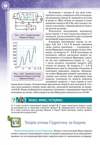 238
Електрони з катода K  під дією елек­
тричного поля, створеного між електрода­
ми джерелом струму Е, прямують до сітки
й анода А. Між сіткою та анодом А існує
незначна напруга (0,5 В), яка гальмує по­
вільні електрони, перешкоджаючи їхньо­
му рухові до анода.
Результати дослідження залежності
сили струму І в колі анода від напруги U
показали, що ця залежність має складний
нелінійний характер (мал. 225).
Існування максимумів струму за на­
пруг 4,9; 9,8 і 14,7 В  можна пояснити
лише однією причиною  — існуванням в
атомі Меркурію стаціонарних станів. Оче­
видно, за напруги U< 4,9 В електрони не
встигають набути достатньої енергії та,
зіткнувшись із атомами Меркурію, пруж­
но від них відбиваються (адже mе
 < mHg
)
і легко долають гальмівну напругу між
сіткою та анодом. За напруги U = 4,9 В 
відбувається вже їх непружне зіткнення й
електрони втрачають енергію, збуджую­
чи атоми Меркурію (енергії електрона до­
статньо для цього). Але, втративши свою
енергію, електрони не можуть подолати
гальмівної напруги, і сила струму в колі
анода різко спадає. З подальшим зростанням напруги між катодом K і сіт­
кою сила анодного струму знову зростає, досягаючи максимуму за напру­
ги 9,8 В. Знову відбуваються непружні зіткнення з передавання енергії від
електрона до атома, тобто енергія атома Меркурію змінюється на 4,9 еВ.
Знаю, вмію, розумію
1. У  чому сутність планетарної моделі атома? 2. У  чому планетарна модель атома
не узгоджується із законами класичної фізики? 3. Сформулюйте постулати Бора.
4. У  чому полягала ідея досліду Франка й Герца? Який висновок можна зробити
на основі його результатів?
Теорія атома Гідрогену за Бором
Енергетичні рівні атома Гідрогену. Згідно з постулатами Бора перехід
атома з одного стаціонарного стану в інший супроводжується випроміню­
ванням чи поглинанням фотонів, енергію яких hν визначають за форму­
§51
Мал. 224. Схема досліду
Франка й Герца
Мал. 225. Залежність сили
струму від напруги в досліді
Франка й Герца
ε
K A
–
+
µA
–+V
– +
I, A
U, В
0
5 10 15
50
100
150
200
250
300
350
 