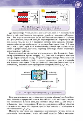 45
Колектор
Колектор
Колектор
Колектор
Емітер
Емітер
Емітер
Емітер
База БазаБаза База
p
p
n
n
n
p
Колектор
Колектор
Колектор
Колектор
Емітер
Емітер
Емітер
Емітер
База БазаБаза База
p
p
n
n
n
p
а б
Мал. 50. Схема будови та умовне позначення
на схемах транзисторів p–n–p-типу (а) і n–p–n-типу (б)
Дія транзистора ґрунтується на використанні двох p–n-переходів між
базою та емітером і базою та колектором, тому його і називають «біполяр­
ним». Тип n–p–n транзисторів набув найбільшого поширення, порівня­
но з p–n–р-типом, завдяки кращим характеристикам і параметрам. Це
пов’язано з тим, що в n–p–n пристроях головна роль відведена електро­
нам, що забезпечують усі електричні процеси. Їхня рухливість у 2–3 рази
вища, ніж у дірок. Крім того, властивості будь-якого приладу поліпшу­
ються за рахунок того, що площа переходу колектора істотно перевищує
площу переходу емітера.
Розглянемо роботу транзистора n–p–n-типу (мал. 51). До переходу база–
емітер прикладають пряму напругу, під дією якої електрони n-області
емітера спрямовуються в базу, створюючи струм емітера. Оскільки вони
є неосновними носіями в базі, то легко проникають через p–n-перехід
між базою та колектором. В електричному колі колектора формується струм
колектора IК
, значення якого пропорційне емітерному струму, IК
= αІE
.
R
Колектор
База Рекомбінація
Емітер
n np
Електрони
Дірки
– +EБЕ
– +EК
Мал. 51. Принцип дії біполярного n–p–n транзистора
База виготовляється достатньо тонкою (частки мікрона), щоб носії за­
ряду не встигли прорекомбінувати. Рекомбінує 1–5% випущених еміте­
ром електронів з дірками бази, що викликає струм бази ІБ
. Цей струм є
небажаним і навіть шкідливим. Згідно з першим законом Кірхгофа, між
струмами електродів біполярного транзистора завжди є справедливим
співвідношення: ІЕ
=ІБ
+ІК
.
Практичне значення має керування колекторним струмом потоком
електронів, інжектованих через емітерний перехід. Звідси випливає
 