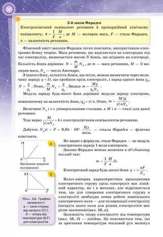 50
2-й закон Фарадея
Електрохімічний еквівалент речовини k пропорційний хімічному
еквіваленту,
1 M
k
F n
= ⋅ , де М  — молярна маса, F  — стала Фарадея,
n — валентність речовини.
Фізичний зміст законів Фарадея легко пояснити, використавши елек­
тронно-йонну теорію. Маса речовини, що виділяється на електродах під
час електролізу, визначається масою N йонів, що осідають на електроді.
Кількість йонів дорівнює A
m
N N
M
= , де m — маса речовини, М — її мо­
лярна маса, NA
 — число Авогадро.
З іншого боку, кількість йонів, що осіли, можна визначити через вели­
чину заряду q = It, що пройшов крізь електроліт, і заряд одного йона q0
,
0
q
N
q
= . Отже, A
0
m q
N
M q
= . Звідки
0 A
Mq
m
q N
= .
Модуль заряду будь-якого йона дорівнює модулю заряду електрона,
помноженому на валентність йона, |q0
| = |e| n. Отже,
A
M q
m
e nN
= .
Величини NA
і е є універсальними сталими, а M і n — сталі для даної
речовини.
Тож вираз
A
M
e nN
= k є електрохімічним еквівалентом речовини.
Добуток NА
|e|  =  F  =  9,65  ⋅  104 Êë
ìîëü
  — cтала Фарадея  — фізична
константа.
Як видно з формули, стала Фарадея — це модуль
електричного заряду 1 моля електронів.
Закони Фарадея можна записати в об’єднаному
вигляді так:
1 M
m It
F n
= .
Електричний заряд будь-якого йона
A
nF
q
N
= ± .
Вольт-амперна характеристика проходження
електричного струму крізь електроліт має ліній­
ний характер, як і в металах, але відрізняється
тим, що для створення електричного струму в
електроліті необхідна певна робота зовнішнього
електричного поля — для поляризації електроліту
(напруга цього поля для різних електролітів має
різне значення) (мал. 56, а).
Залежність опору електроліту від температури
(мал.  56, б) — лінійна. Це пояснюється тим, що
за зростання температури тепловий рух молекул
Мал. 56. Графіки
залежності:
а — сили струму
від напруги І(U);
б — опору від
температури R(T)
для електролітів
I
Зміщення завдяки
поляризації
U0
R
T0
ня завдяки
зації
U
R
T0
а
б
 