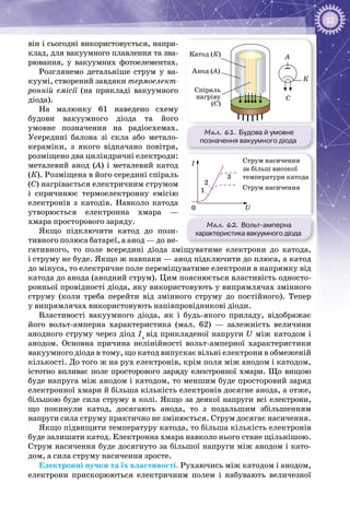 57
він і сьогодні використовується, напри­
клад, для вакуумного плавлення та зва­
рювання, у вакуумних фотоелементах.
Розглянемо детальніше струм у ва­
куумі, створений завдяки термоелект­
ронній емісії (на прикладі вакуумного
діода).
На малюнку  61 наведено схему
будови вакуумного діода та його
умовне позначення на радіосхемах.
Усереди­ні балона зі скла або метало­
кераміки, з якого відкачано повітря,
розміщено два циліндричні електроди:
металевий анод (А) і металевий катод
(К). Розміщена в його середині спіраль
(С) нагрівається електричним струмом
і спричинює термоелектронну емісію
електронів з катодів. Навколо катода
утворюється електронна хмара  —
хмара просторового заряду.
Якщо підключити катод до пози­
тивного полюса батареї, а анод — до не­
гативного, то поле всередині діода зміщуватиме електрони до катода,
і струму не буде. Якщо ж навпаки — анод підключити до плюса, а катод
до мінуса, то електричне поле переміщуватиме електрони в напрямку від
катода до анода (анодний струм). Цим пояснюється властивість односто­
ронньої провідності діода, яку використовують у випрямлячах змінного
струму (коли треба перейти від змінного струму до постійного). Тепер
у випрямлячах використовують напівпровідникові діоди.
Властивості вакуумного діода, як і будь-якого приладу, відображає
його вольт-амперна характеристика (мал.  62)  — залежність величини
анодного струму через діод Іа
від прикладеної напруги U між катодом і
анодом. Основна причина нелінійності вольт-амперної характеристики
вакуумного діода в тому, що катод випускає вільні електрони в обмеженій
кількості. До того ж на рух електронів, крім поля між анодом і катодом,
істотно впливає поле просторового заряду електронної хмари. Що вищою
буде напруга між анодом і катодом, то меншим буде просторовий заряд
електронної хмари й більша кількість електронів досягне анода, а отже,
більшою буде сила струму в колі. Якщо за деякої напруги всі електрони,
що покинули катод, досягають анода, то з подальшим збільшенням
напруги сила струму практично не змінюється. Струм досягає насичення.
Якщо підвищити температуру катода, то більша кількість електронів
буде залишати катод. Електронна хмара навколо нього стане щільнішою.
Струм насичення буде досягнуто за більшої напруги між анодом і като­
дом, а сила струму насичення зросте.
Електронні пучки та їх властивості. Рухаючись між катодом і анодом,
електрони прискорюються електричним полем і набувають величезної
Мал. 61. Будова й умовне
позначення вакуумного діода
А
С
К
Катод (К)
Анод (А)
Спіраль
нагріву
(С)
Мал. 62. Вольт-амперна
характеристика вакуумного діода
I
1
2
3
U0
Струм насичення
Струм насичення
за більш високої
температури катода
 