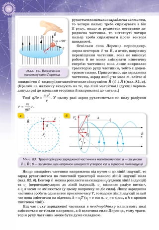74
рухаєтьсяпозитивнозарядженачастинка,
то чотири пальці треба спрямувати в бік
її руху, якщо ж рухається негативно за­
ряджена частинка, то витягнуті чотири
пальці треба спрямувати проти вектора
швидкості.
Оскільки сила Лоренца перпендику­
лярна векторам v

та Â

, а отже, напрямку
переміщення частинки, вона не виконує
роботи й не може змінювати кінетичну
енергію частинки; вона лише викривляє
траєкторію руху частинки, тобто є доцен­
тровою силою. Припустимо, що заряджена
частинка, заряд якої q та маса m, влітає зі
швидкістю v

в однорідне магнітне поле з індукцією Â

(v

⊥ Â

) (мал. 82, а).
(Крапки на малюнку вказують на те, що лінії магнітної індукції перпен­
дикулярні до площини сторінки й напрямлені до читача.)
Тоді
2
mv
qBv
r
= . У  цьому разі заряд рухатиметься по колу радіусом
m
r v
qB
= .
Мал. 82. Траєкторія руху зарядженої частинки в магнітному полі: а — за умови
v

⊥ Â

; б — за умови, що напрямок швидкості утворює кут α відносно ліній індукції
Fд
Fд
B
B
+q hv
v
a
α
v
v
а б
r
ба
Якщо швидкість частинки напрямлена під кутом α до ліній індукції, то
заряд рухатиметься по гвинтовій траєкторії навколо ліній індукції поля
(мал. 82, б). Вектор v

можна розкласти на складові v||
(уздовж ліній індукції)
та v⊥
(перпендикулярно до ліній індукції). v⊥
визначає радіус витка r,
а v||
з часом не змінюється (у цьому напрямку не діє сила). Якщо заряджена
частинка зробить один виток протягом часу Т, то вздовж лінії індукції за цей
час вона зміститься на відстань h = v||
Т (v||
= v cos a, v⊥
 = v sin a, а h є кроком
гвинтової лінії).
Під час руху зарядженої частинки в неоднорідному магнітному полі
змінюється не тільки напрямок, а й величина сили Лоренца, тому траєк­
торія руху частинки може бути дуже складною.
Мал. 81. Визначення
напрямку сили Лоренца
B
B
FЛ
v
α = 90°
 