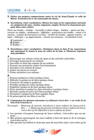 9
LEÇONS 4–5–6
3. Faites vos propres comparaisons entre la vie de Jean-Claude et celle de
Marie. Présentez-les à vos camarades de classe.
4. Enrichissez votre vocabulaire. Mettez les mots et les expressions suivants
en catégories de sens : études, logement, emploi. Écrivez le classement pro-
posé dans votre cahier.
aire ses études étudier travailler à plein temps abiter après son bac
trouver un emploi pro esseurs dipl mes poursuivre ses études rester à la
maison essa er de convaincre un boss arr ter les études gagner à peine se
loger éberger un appartement réussir ses examens la c ambre à moi.
A Logement
B mploi
C tudes
5. Enrichissez votre vocabulaire. Choisissez dans la liste B les expressions
qui expriment le mieux le sens de celles de la liste A. Plusieurs réponses
sont possibles.
A
1. ncourager ses en ants à aire du sport et des activités culturelles.
2. ’occuper beaucoup de ses en ants.
3. urveiller le c oix des copains de ses en ants.
4. ournir une protection contre l’environnement.
5. nterdire à ses en ants de umer.
6. nciter les jeunes au travail.
7. Pr ter attention à ses en ants.
B
1. Pousser uel u’un à aire uel ue c ose.
2. é endre à uel u’un de aire uel ue c ose.
3. onsacrer du temps à uel u’un.
4. Protéger uel u’un contre uel ue c ose.
5. mp c er uel u’un de aire uel ue c ose.
6. aire attention à uel u’un aire attention à uel ue c ose.
7. timuler uel u’un pour u’il asse uel ue c ose.
8. Permettre à uel u’un de aire uel ue c ose.
9. e préoccuper de ses lles et ses ls.
6. Commentez les phrases suivantes en utilisant c’est-à-dire + un verbe de la
liste B de l’exercice 5.
xemple Beaucoup de parents interdisent à leurs enfants de fumer,c’est-à-
c’est-à-dire qu’ils défendent à leurs enfants de fumer.
1. Les parents s’occupent beaucoup de leurs en ants c’est-à-dire ue ses pa-
rents .
2. Mes parents encouragent ma s ur cadette à aire du sport et de la musi ue
c’est-à-dire u’ils .
3. Mes parents surveillent le c oix des amis de mon rère a né c’est-à-dire u’ils
.
 