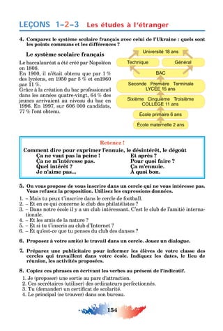 154
LEÇONS Les études à l’étranger1–2–3
4.
les points communs et les différences ?
Le système scolaire français
Le baccalauréat a été créé par apoléon
en 1808.
n 1900 il n’était obtenu ue par 1
des l céens en 1950 par 5 et en1960
par 11 .
r ce à la création du bac pro essionnel
dans les années uatre-vingt 64 des
jeunes arrivaient au niveau du bac en
1996. n 1997 sur 606 000 candidats
77 l’ont obtenu.
Retenez !
Comment dire pour exprimer l’ennuie, le désintérêt, le dégoût
Ça ne vaut pas la peine ! Et après ?
Ça ne m’intéresse pas. Pour quoi faire ?
Quel intérêt ? Ça m’ennuie.
Je n’aime pas... À quoi bon.
5. On vous propose de vous inscrire dans un cercle qui ne vous intéresse pas.
1. Mais tu peux t’inscrire dans le cercle de ootball.
2. t en ce ui concerne le club des p ilatélistes
3. ans notre école il a un club intéressant. ’est le club de l’amitié interna-
tionale.
4. t les amis de la nature
5. t si tu t’inscris au club d’ nternet
6. t u’est-ce ue tu penses du club des danses
6. Proposez à votre ami(e) le travail dans un cercle. Jouez un dialogue.
7. Préparez une publicitaire pour informer les élèves de votre classe des
cercles qui travaillent dans votre école. Indiquez les dates, le lieu de
réunion, les activités proposées.
8. Copiez ces phrases en écrivant les verbes au présent de l’indicatif.
1. e proposer une sortie au parc d’attraction.
2. es secrétaires utiliser des ordinateurs per ectionnés.
3. Tu demander un certi cat de scolarité.
4. Le principal se trouver dans son bureau.
Université 18 ans
BAC
École primaire 6 ans
École maternelle 2 ans
Seconde Première Terminale
LYCÉE 15 ans
Sixième Cinquième Troisième
COLLÉGE 11 ans
Technique Général
 