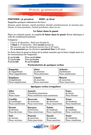 174
Précis grammatical
174
Précis grammatical
PRENDRE : je prendrai DIRE : je dirai
appelles uel ues indicateurs du utur
-
chaine, le mois prochain, l’anneé prochaine, dans un an.
Le futur dans le passé
ans un contexte passé on emploie le futur dans le passé orme identi ue à
celle du conditionnel présent .
ompare
C .
C’était serait .
On annonce que les élections auront lieu le 27 mars.
On a annoncé que les élections auraient lieu le 27 mars.
Le utur dans le passé se orme de la m me manière ue le utur simple mais il a
les terminaisons de l’impar ait
e parlerais ous parlerions
Tu parlerais Vous parleriez
l parlerait ls parleraient3-4
Particularités de quelques verbes
Rappeler
e rappellerais
ous rappellerions
Jeter
e jetterais
ous jetterions
Acheter
’ac èterais
ous ac èterions
Employer
’emploierais
ous emploierions
Courir
e courrais
ous courrions
Mourir
e mourrais
ous mourrions
Quelques verbes irréguliers
Aller
’irais
ous irions
Asseoir
’assiérais j’assoirais
ous assiérions nous assoirions
Faire
e erais
ous erions
Cueillir
e cueillerais
ous cueillerions
Recevoir
e recevrais
ous recevrions
Mouvoir
e mouvrais
ous mouvrions
Tenir
e tiendrais
ous tiendrions
Devoir
e devrais
ous devrions
Envoyer
’enverrais
ous enverrions
Valoir
e vaudrais
ous vaudrions
Vouloir
e voudrais
ous voudrions
Voir
e verrais
ous verrions
Pouvoir
e pourrais
ous pourrions
Savoir
e saurais
ous saurions
Venir
e viendrais
ous viendrions
 