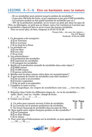 62
LEÇONS
t un mirabellier peut contenir jus u’à combien de mirabelles
peu près 100 ilos de ruits ce ui représente à peu près 9 000 mirabelles.
La Lorraine produit en ait uelle uantité de mirabelles par an
70 de la production mondiale on en trouve un petit peu dans les pa s de
l’ st en llemagne un petit peu en lsace mais c’est vraiment en Lorraine ue
le mirabellier s’épanouit bien et u’on trouve des bonnes mirabelles.
Pour en savoir plus e bien compose le 03 83 72 32 26.
rance n o « Au cœur des régions »,
Par .P. Boutet
Vendredi 10 évrier 2006
1. e document a été enregistré
 en Touraine
B  en Lorraine
 au bord de la eine
2. La mirabelle est
 une eur
B  une ville
 un ruit
3. Les arboriculteurs
 produisent des mirabelles
B  exportent les mirabelles
 mangent les mirabelles
4. uelle est la production annuelle de mirabelles dans cette région
 9000 tonnes
B  15 000 tonnes
 uin e mille ilos
5. uelles sont les deux saisons citées dans cet enregistrement
6. uel moment de l’année les mirabelles sont-elles récoltées
 de mi-ao t à mi-novembre
B  d’ao t à septembre
 de mi-ao t à mi-septembre
7. ompléte le texte à trous
’est magni ue les vergers de mirabelliers sont tout c’est très très
.
8. emette dans l’ordre les di érentes étapes de la vie du mirabellier
taillé euri tout nu récolté c argé de ruits
1. 2. 3. 4. 5. .
9. oc e vrai ou aux.
Vrai Faux
. n arbre peut contenir environ 5 ilos de mirabelles.  
B. La Lorraine est le premier producteur de mirabelles.  
. n trouve beaucoup de mirabelles dans les pa s de l’ st.  
10. ans uelle autre région rançaise produit-on des mirabelles
 en amargue
B  au Pa s Bas ue
 en lsace
11. Pour avoir plus d’in ormations sur la mirabelle on peut appeler le compléte
83 32 .
Être en harmonie avec la nature4–5–6
 