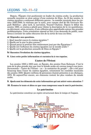 95
LEÇONS
epuis l’ g pte s’est positionnée en leader du cinéma arabe. La production
annuelle mo enne se situe autour d’une centaine de lms. u l des années le
cinéma ég ptien a embrassé di érents genres la comédie musicale dans les an-
nées 1930-1940 le réalisme par la suite avec comme c e de le l’écrivain a-
guib Ma ou plus tard la narration ousse a ine. epuis le début des
années 1980 ce cinéma a plut t pour t ème la description de la vie uotidienne
au détriment selon certains d’une ré exion plus appro ondie autour des grandes
problémati ues. ette orientation répond en ait à une demande du public nom-
breux à investir les salles obscures lors de la sortie de tous ces lms.
a) Répondez aux questions.
1. uel marc é couvre le cinéma ég ptien
2. uelle est la star la plus connue
3. uand parut le premier lm entièrement joué par des g ptiens
4. uelle est l’in uence du cinéma ég ptien sur le monde arabe
5. uelle est la production annuelle de lms en g pte
b) Racontez l’évolution du cinéma égyptien.
8. Lisez cette petite information et racontez-la à vos copains.
L’astre de l’Orient
Les années 1930 à 1950 sont en g pte des années um alsoum. ’est le
nom de la plus grande star ue tout le monde arabe ait connue jus u’à nos jours.
urnommée l’astre de l’ rient ou la cantatrice du peuple elle a été pour
beaucoup dans l’essor du cinéma ég ptien notamment les comédies musicales
des années 1930. uatre millions de personnes étaient présentes à ses obsè ues
1975. t aujourd’ ui encore ses c ansons restent les plus vendues du monde
arabe.
9. Quels sont les éléments de cette information qui ont attiré votre attention ?
10. Écoutez le texte et dites ce que vous comprenez sous le mot le patrimoine.
Le patrimoine
Le patrimoine constitue un repère structurant dans le temps et l’espace.
10–11–12
 
