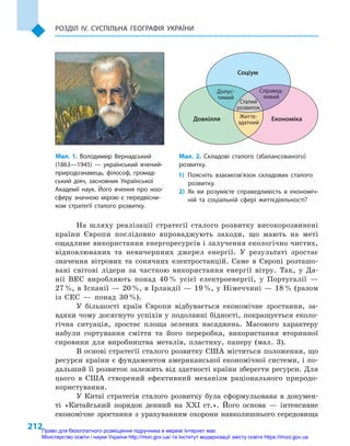212
Розділ IV. Суспільна географія України
На шляху реалізації стратегії сталого розвитку високорозвинені
країни Європи послідовно впроваджують заходи, що мають на меті
ощадливе використання енергоресурсів і залучення екологічно чистих,
відновлюваних та невичерпних джерел енергії. У  результаті зростає
значення вітрових та сонячних електростанцій. Саме в  Європі розташо-
вані світові лідери за часткою використання енергії вітру. Так, у  Да-
нії ВЕС виробляють понад 40 % усієї електроенергії, у  Португалії  —
27 %, в Іспанії — 20 %, в Ірландії — 19 %, у Німеччині — 18 % (разом
із СЕС  — понад 30 %).
У більшості країн Європи відбувається економічне зростання, за-
вдяки чому досягнуто успіхів у подоланні бідності, покращується еколо-
гічна ситуація, зростає площа зелених насаджень. Масового характеру
набули сортування сміття та його переробка, використання вторинної
сировини для виробництва металів, пластику, паперу (мал. 3).
В основі стратегії сталого розвитку США містяться положення, що
ресурси країни є фундаментом американської економічної системи, і по-
дальший її розвиток залежить від здатності країни зберегти ресурси. Для
цього в  США створений ефективний механізм раціонального природо-
користування.
У Китаї стратегія сталого розвитку була сформульована в  докумен-
ті «Китайський порядок денний на XXI ст.». Його основа  — інтенсивне
економічне зростання з урахуванням охорони навколишнього середовища
Мал. 1. Володимир Вернадський
(1863—1945)  — український вчений-
природознавець, філософ, громад-
ський діяч, засновник Української
Академії наук. Його вчення про ноо­
сферу значною мірою є  передвісни-
ком стратегії сталого розвитку.
Мал. 2. Складові сталого (збалансованого)
розвитку.
1)	Поясніть взаємозв’язок складових сталого
розвитку.
2)	Як ви розумієте справедливість в  економіч-
ній та соціальній сфері життєдіяльності?
Соціум
Допус-
тимий
Справед-
ливий
Сталий
розвиток
Довкілля Життє-
здатний
Економіка
Право для безоплатного розміщення підручника в мережі Інтернет має
Міністерство освіти і науки України http://mon.gov.ua/ та Інститут модернізації змісту освіти https://imzo.gov.ua
 