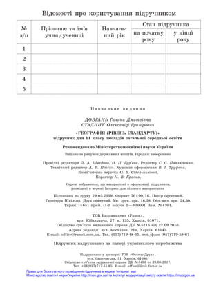 Відомості про користування підручником
№
з/п
Прізвище та ім’я
учня / учениці
Навчаль-
ний рік
Стан підручника
на початку
року
у кінці
року
1
2
3
4
5
Н а в ч а л ь н е в и д а н н я
ДОВГАНЬ Галина Дмитрівна
СТАДНИК Олександр Григорович
«ГЕОГРАФІЯ (РІВЕНЬ СТАНДАРТУ)»
підручник для 11 класу закладів загальної середньої освіти
Провідні редактори Л.  А.  Шведова, Н.  П.  Гур’єва. Редактор С.  С.  Павлюченко.
Технічний редактор А.  В.  Пліско. Художнє оформлення В.  І.  Труфена.
Комп’ютерна верстка О.  В.  Сідельникової.
Коректор Н.  В.  Красна.
Окремі зображення, що використані в оформленні підручника,
розміщені в мережі Інтернет для вільного використання
Підписано до друку 29.05.2019. Формат 70 × 90/16. Папір офсетний.
Гарнітура Шкільна. Друк офсетний. Ум. друк. арк. 16,38. Обл.-вид. арк. 24,50.
Тираж 74 651 прим. (1-й запуск 1—30 000). Зам. № 4301.
ТОВ Видавництво «Ранок»,
вул. Кібальчича, 27, к. 135, Харків, 61071.
Свідоцтво суб’єкта видавничої справи ДК № 5215 від 22.09.2016.
Адреса редакції: вул. Космічна, 21а, Харків, 61145.
E-mail: office@ranok.com.ua. Тел. (057) 719-48-65, тел./факс (057) 719-58-67
Підручник надруковано на папері українського виробництва
Рекомендовано Міністерством освіти і науки України
Видано за рахунок державних коштів. Продаж заборонено
Надруковано у друкарні ТОВ «Фактор-Друк»,
вул. Саратовська, 51, Харків, 61030.
Свідоцтво суб’єкта видавничої справи ДК № 5496 от 23.08.2017.
Тел. +38 (057) 717-51-85. E-mail: office@druk.factor.ua
Право для безоплатного розміщення підручника в мережі Інтернет має
Міністерство освіти і науки України http://mon.gov.ua/ та Інститут модернізації змісту освіти https://imzo.gov.ua
 