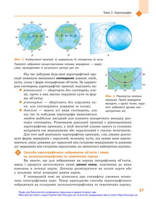 27
тема 2. Картографія
Під час побудови будь-якої картографічної про-
екції неминуче виникають спотворення довжин ліній,
кутів, площ і форм географічних об’єктів. За характе-
ром спотворень картографічні проекції поділяють на:
 рівновеликі — зберігають без спотворень пло-
щі, проте в них значно порушені кути та фор-
ми об’єктів;
 рівнокутні  — зберігають без порушень ку-
ти, але спотворюють довжини та площі;
 довільні  — мають усі види спотворень, але
під час їх побудови картографи намагаються
знайти найбільш вигідний для кожного конкретного випадку роз-
поділ спотворень. Різновидом довільної проекції є  рівнопроміжна
картографічна проекція, у якій масштаб уздовж одного із головних
напрямків (за меридіанами або паралелями) є  сталою величиною.
Для того щоб розпізнати картографічну проекцію, слід уважно розгля-
нути форму меридіанів і  паралелей; величину кутів, під якими вони перети-
наються; зміну довжини дуг паралелей між сусідніми меридіанами та довжини
дуг меридіанів між сусідніми паралелями; як змінюється найкоротша відстань.
3 Способи картографічного зображення об’єктів і  явищ
на загальногеографічних та  тематичних картах.
Ви знаєте, що для зображення на картах географічних об’єктів,
явищ і  процесів застосовують певні умовні знаки, пояснення до яких
наведено в  легенді карти. Легенда розміщується на полях карти або
у  вільному місці всередині рамки карти.
У попередній темі ви дізналися про специфіку умовних позна-
чень топографічних карт. Тепер пригадаємо способи картографічного
зображення на оглядових загальногеографічних та тематичних картах.
30º
60º
90º
30º60º90º 30º
120º
150º
180º
9
60º
0º
30º
60º
90º
120º
150º
180º
150º
30º
120º 60º 0º 60º 120º 180º
0º
0º
40º
40º
30º
60º
30º
0º
150º
180º
90º 120º
60º
30º
30º
60º
60º
90º
90º
90º
90º
0º
30º
30º
60º
60º
30º60º
90º
120º
150º
180º
150º
120º
90º
60º
30º
90º
0º 30º0º
30º
60º
90º
120º
150º
180º
150º
120º
90º
60º
30º
40º
30º
60º
30º
0º
150º
180º
90º 120º
0º
0º
30º
30º
30º
30º
6
60º
90º
30º60º90º
0º
30º
60º
90º
90º
30º
120º
150º
180º
0º 30º 60º 90º 120º
60º
0º
0º
30º
60º
90º
120º
150º
180º
150º
120º
90º
60º
30º
30º60º
º
90º
0º
30º
60º
90º
120º
150º
180º
150º
120º
90º
60º
30º
Мал. 3. Азимутальні проекції: а) нормальна; б) поперечна; в) коса.
Паралелі зображені концентричними колами, меридіани  — радіу-
сами, проведеними із загального центра цих кіл.
Мал. 4. Рівнокутна конічна
проекція. Прямі меридіани
виходять з  однієї точки, пара-
лелі зображені дугами кон-
центричних кіл.
а б в
Право для безоплатного розміщення підручника в мережі Інтернет має
Міністерство освіти і науки України http://mon.gov.ua/ та Інститут модернізації змісту освіти https://imzo.gov.ua
 