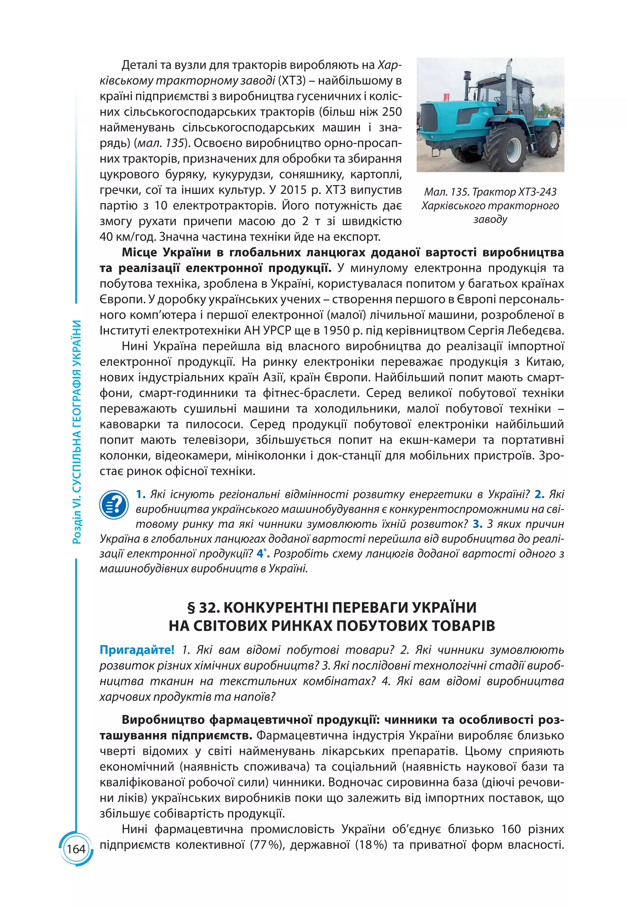 164
РозділVI.СУСПІЛЬНАГЕОГРАФІЯУКРАЇНИ
Деталі та вузли для тракторів виробляють на Хар-
ківському тракторному заводі (ХТЗ) – найбільшому в
країні підприємстві з виробництва гусеничних і коліс-
них сільськогосподарських тракторів (більш ніж 250
найменувань сільськогосподарських машин і зна-
рядь) (мал. 135). Освоєно виробництво орно-просап-
них тракторів, призначених для обробки та збирання
цукрового буряку, кукурудзи, соняшнику, картоплі,
гречки, сої та інших культур. У 2015 р. ХТЗ випустив
партію з 10 електротракторів. Його потужність дає
змогу рухати причепи масою до 2 т зі швидкістю
40 км/год. Значна частина техніки йде на експорт.
Місце України в глобальних ланцюгах доданої вартості виробництва
та реалізації електронної продукції. У минулому електронна продукція та
побутова техніка, зроблена в Україні, користувалася попитом у багатьох країнах
Європи. У доробку українських учених – створення першого в Європі персональ-
ного комп’ютера і першої електронної (малої) лічильної машини, розробленої в
Інституті електротехніки АН УРСР ще в 1950 р. під керівництвом Сергія Лебедєва.
Нині Україна перейшла від власного виробництва до реалізації імпортної
електронної продукції. На ринку електроніки переважає продукція з Китаю,
нових індустріальних країн Азії, країн Європи. Найбільший попит мають смарт-
фони, смарт-годинники та фітнес-браслети. Серед великої побутової техніки
переважають сушильні машини та холодильники, малої побутової техніки  –
кавоварки та пилососи. Серед продукції побутової електроніки найбільший
попит мають телевізори, збільшується попит на екшн-камери та портативні
колонки, відеокамери, мініколонки і док-станції для мобільних пристроїв. Зро-
стає ринок офісної техніки.
1. Які існують регіональні відмінності розвитку енергетики в Україні? 2. Які
виробництва українського машинобудування є конкурентоспроможними на сві-
товому ринку та які чинники зумовлюють їхній розвиток? 3. З яких причин
Україна в глобальних ланцюгах доданої вартості перейшла від виробництва до реалі-
зації електронної продукції? 4*
. Розробіть схему ланцюгів доданої вартості одного з
машинобудівних виробництв в Україні.
§ 32. КОНКУРЕНТНІ ПЕРЕВАГИ УКРАЇНИ
НА СВІТОВИХ РИНКАХ ПОБУТОВИХ ТОВАРІВ
Пригадайте! 1. Які вам відомі побутові товари? 2. Які чинники зумовлюють
розвиток різних хімічних виробництв? 3. Які послідовні технологічні стадії вироб­
ництва тканин на текстильних комбінатах? 4. Які вам відомі виробництва
харчових продуктів та напоїв?
Виробництво фармацевтичної продукції: чинники та особливості роз-
ташування підприємств. Фармацевтична індустрія України виробляє бли­зько
чверті відомих у світі найменувань лікарських препаратів. Цьому сприяють
економічний (наявність споживача) та соціальний (наявність наукової бази та
кваліфікованої робочої сили) чинники. Водночас сировинна база (діючі речови-
ни ліків) українських виробників поки що залежить від імпортних поставок, що
збільшує собівартість продукції.
Нині фармацевтична промисловість України об’єднує близько 160 різних
підприємств колективної (77 %), державної (18 %) та приватної форм власності.
Мал. 135. Трактор ХТЗ-243
Харківського тракторного
заводу
 