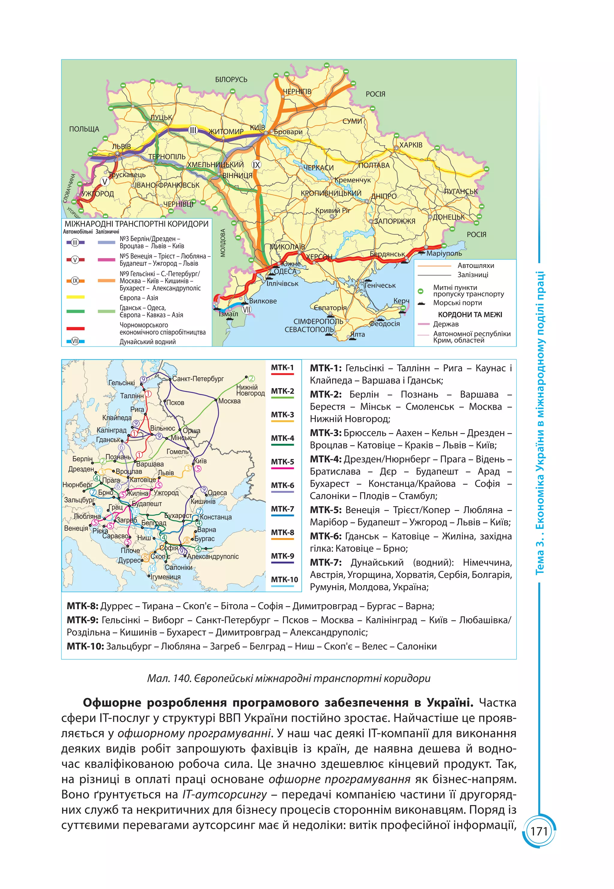 171
Тема3..ЕкономікаУкраїнивміжнародномуподіліпраці
Мал. 140. Європейські міжнародні транспортні коридори
IX
III
V
VII
ЧЕРКАСИ
КРОПИВНИЦЬКИЙ
МИКОЛАЇВ
ХЕРСОН
ОДЕСА
СІМФЕРОПОЛЬ
СЕВАСТОПОЛЬ
ДНІПРО
ЗАПОРІЖЖЯ
ДОНЕЦЬК
ЛУГАНСЬК
ХАРКІВ
ПОЛТАВА
СУМИ
РОСІЯ
РОСІЯ
ЧЕРНІГІВ
КИЇВ
ЖИТОМИР
ХМЕЛЬНИЦЬКИЙ
ВІННИЦЯ
ІВАНО-ФРАНКІВСЬК
ЧЕРНІВЦІ
ЛЬВІВ
ПОЛЬЩА
МОЛДОВА
СЛОВАЧЧИНА
ЛУЦЬК
ТЕРНОПІЛЬ
УЖГОРОД
РУМУНІЯ
Трускавець
Бровари
Кременчук
Кривий Ріг
Южне
Іллічівськ
Євпаторія
Ялта
Феодосія
Керч
Генічеськ
Бердянськ Маріуполь
Ізмаїл
Вилкове
БІЛОРУСЬ
УГОРЩ
ИНА
МІЖНАРОДНІ ТРАНСПОРТНІ КОРИДОРИ
ІІІ
V
IX
VII
Автомобільні Залізничні
№3 Берлін/Дрезден –
Вроцлав – Львів – Київ
№5 Венеція – Трієст – Любляна –
Будапешт – Ужгород – Львів
№9 Гельсінкі – С.-Петербург/
Москва – Київ – Кишинів –
Бухарест – Александруполіс
Європа – Азія
Гданськ – Одеса,
Європа – Кавказ – Азія
Чорноморського
економічного співробітництва
Дунайський водний
Автошляхи
Залізниці
Митні пункти
пропуску транспорту
Морські порти
Автономної республіки
Крим, областей
Держав
КОРДОНИ ТА МЕЖІ
9
9
9
9
9 2
2
3
3
8
8
1
1
1
7
7
4
4
4
4
5 5
5
5
5
5
10 10
10
10
6
6
Г
Та
Са -П
П М а
Н
Н
Р а
К а а
Ка а
Г а
В
М
О а
Г
К
Л
Ва а а
П аБ
Д В а
КаП а а
Н
Б Ж а У О а
КБ аГ а
За
Л а
В Р а
За
Са а
Б а
Б а
Н
П С
С ’
Д
А а
Са
Б а
Ва а
К а а
І
МТК-1
МТК-2
МТК-3
МТК-4
МТК-5
МТК-6
МТК-7
МТК-8
МТК-9
МТК-10
МТК-1: Гельсінкі  – Таллінн  – Рига  – Каунас і
Клайпеда – Варшава і Гданськ;
МТК-2: Берлін  – Познань  – Варшава  –
Берестя  – Мінськ  – Смоленськ  – Москва  –
Нижній Новгород;
МТК-3: Брюссель – Аахен – Кельн – Дрезден –
Вроцлав – Катовіце – Краків – Львів – Київ;
МТК-4: Дрезден/Нюрнберг – Прага – Відень –
Братислава – Дєр  – Будапешт  – Арад  –
Бухарест  – Констанца/Крайова  – Софія  –
Салоніки – Плодів – Стамбул;
МТК-5: Венеція  – Трієст/Копер  – Любляна  –
Марібор – Будапешт – Ужгород – Львів – Київ;
МТК-6: Гданськ  – Катовіце  – Жиліна, західна
гілка: Катовіце – Брно;
МТК-7: Дунайський (водний): Німеччина,
Австрія, Угорщина, Хорватія, Сербія, Болгарія,
Румунія, Молдова, Україна;
МТК-8: Дуррес – Тирана – Скоп'є – Бітола – Софія – Димитровград – Бургас – Варна;
МТК-9: Гельсінкі – Виборг – Санкт-Петербург – Псков – Москва – Калінінград – Київ – Любашівка/
Роздільна – Кишинів – Бухарест – Димитровград – Александруполіс;
МТК-10: Зальцбург – Любляна – Загреб – Белград – Ниш – Скоп'є – Велес – Салоніки
Офшорне розроблення програмового забезпечення в Україні. Частка
сфери ІТ-послуг у структурі ВВП України постійно зростає. Найчастіше це прояв-
ляється у офшорному програмуванні. У наш час деякі ІТ-компанії для виконання
деяких видів робіт запрошують фахівців із країн, де наявна дешева й водно-
час кваліфікованою робоча сила. Це значно здешевлює кінцевий продукт. Так,
на різниці в оплаті праці основане офшорне програмування як бізнес-напрям.
Воно ґрунтується на ІТ-аутсорсингу – передачі компанією частини її другоряд-
них служб та некритичних для бізнесу процесів стороннім виконавцям. Поряд із
суттєвими перевагами аутсорсинг має й недоліки: витік професійної інформації,
 