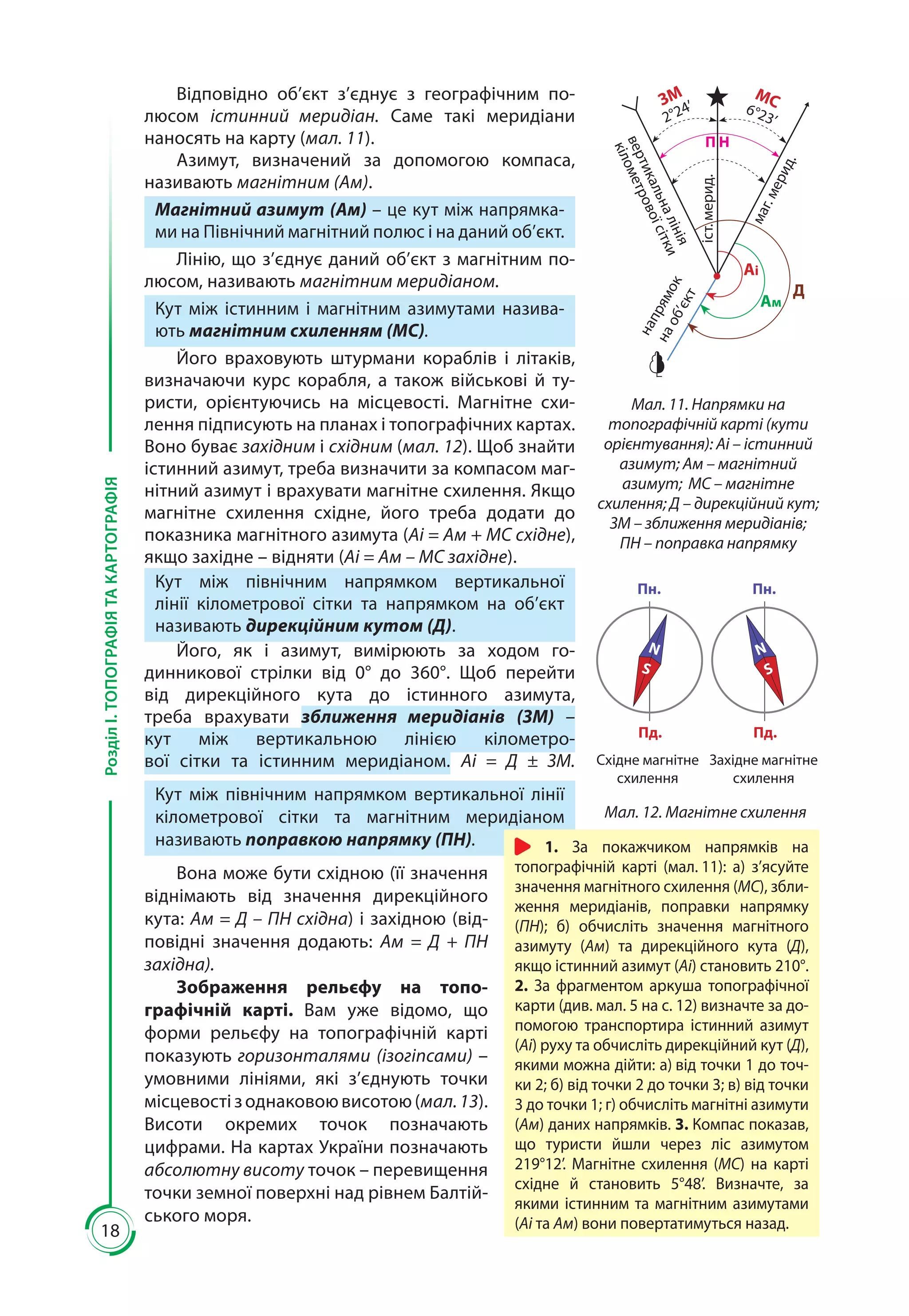 18
РозділІ.ТОПОГРАФІЯТАКАРТОГРАФІЯ
Відповідно об’єкт з’єднує з географічним по-
люсом істинний меридіан. Саме такі меридіани
наносять на карту (мал. 11).
Азимут, визначений за допомогою компаса,
називають магнітним (Ам).
Магнітний азимут (Ам) – це кут між напрямка-
ми на Північний магнітний полюс і на даний об’єкт.
Лінію, що з’єднує даний об’єкт з магнітним по-
люсом, називають магнітним меридіаном.
Кут між істинним і магнітним азимутами назива-
ють магнітним схиленням (МС).
Його враховують штурмани кораблів і літаків,
визначаючи курс корабля, а також військові й ту-
ристи, орієнтуючись на місцевості. Магнітне схи-
лення підписують на планах і топографічних картах.
Воно буває західним і східним (мал. 12). Щоб знайти
істинний азимут, треба визначити за компасом маг-
нітний азимут і врахувати магнітне схилення. Якщо
магнітне схилення східне, його треба додати до
показника магнітного азимута (Аі = Ам + МС східне),
якщо західне – відняти (Аі = Ам – МС західне).
Кут між північним напрямком вертикальної
лінії кілометрової сітки та напрямком на об’єкт
називають дирекційним кутом (Д).
Його, як і азимут, вимірюють за ходом го-
динникової стрілки від 0° до 360°. Щоб пере­йти
від дирекційного кута до істинного азимута,
треба врахувати зближення меридіанів (ЗМ)  –
кут між вертикальною лінією кілометро-
вої сітки та істинним меридіаном. Аі = Д ± ЗМ.
Кут між північним напрямком вертикальної лінії
кілометрової сітки та магнітним меридіаном
називають поправкою напрямку (ПН).
Вона може бути східною (її значення
віднімають від значення дирекційного
кута: Ам = Д – ПН східна) і західною (від-
повідні значення додають: Ам = Д + ПН
західна).
Зображення рельєфу на топо-
графічній карті. Вам уже відомо, що
форми рельєфу на топографічній карті
показують горизонталями (ізогіпсами) –
умовними лініями, які з’єднують точки
місцевостізоднаковоювисотою(мал. 13).
Висоти окремих точок позначають
цифрами. На картах України позначають
абсолютну висоту точок – перевищення
точки земної поверхні над рівнем Балтій-
ського моря.
Мал. 12. Магнітне схилення
Східне магнітне
схилення
Західне магнітне
схилення
Пн.
Пд.
Пн.
Пд.
1. За покажчиком напрямків на
топографічній карті (мал. 11): а) з’ясуйте
значення магнітного схилення (МС), збли-
ження меридіанів, поправки напрямку
(ПН); б) обчисліть значення магнітного
азимуту (Ам) та дирекційного кута (Д),
якщо істинний азимут (Аі) становить 210°.
2. За фрагментом аркуша топографічної
карти (див. мал. 5 на с. 12) визначте за до-
помогою транспортира істинний азимут
(Аі) руху та обчисліть дирекційний кут (Д),
якими можна дійти: а) від точки 1 до точ-
ки 2; б) від точки 2 до точки 3; в) від точки
3 до точки 1; г) обчисліть магнітні азимути
(Ам) даних напрямків. 3. Компас показав,
що туристи йшли через ліс азимутом
219°12’. Магнітне схилення (МС) на карті
східне й становить 5°48’. Визначте, за
якими істинним та магнітним азимутами
(Аі та Ам) вони повертатимуться назад.
Мал. 11. Напрямки на
топографічній карті (кути
орієнтування): Аі – істинний
азимут; Ам – магнітний
азимут; МС – магнітне
схилення; Д – дирекційний кут;
ЗМ – зближення меридіанів;
ПН – поправка напрямку
вертикальналінія
кілометровоїсітки
напрямок
наоб’єкт
іст.мерид.
маг.мерид.
2°24’ЗМ
П Н
6°23’
МС
Аі
Ам
Д
 