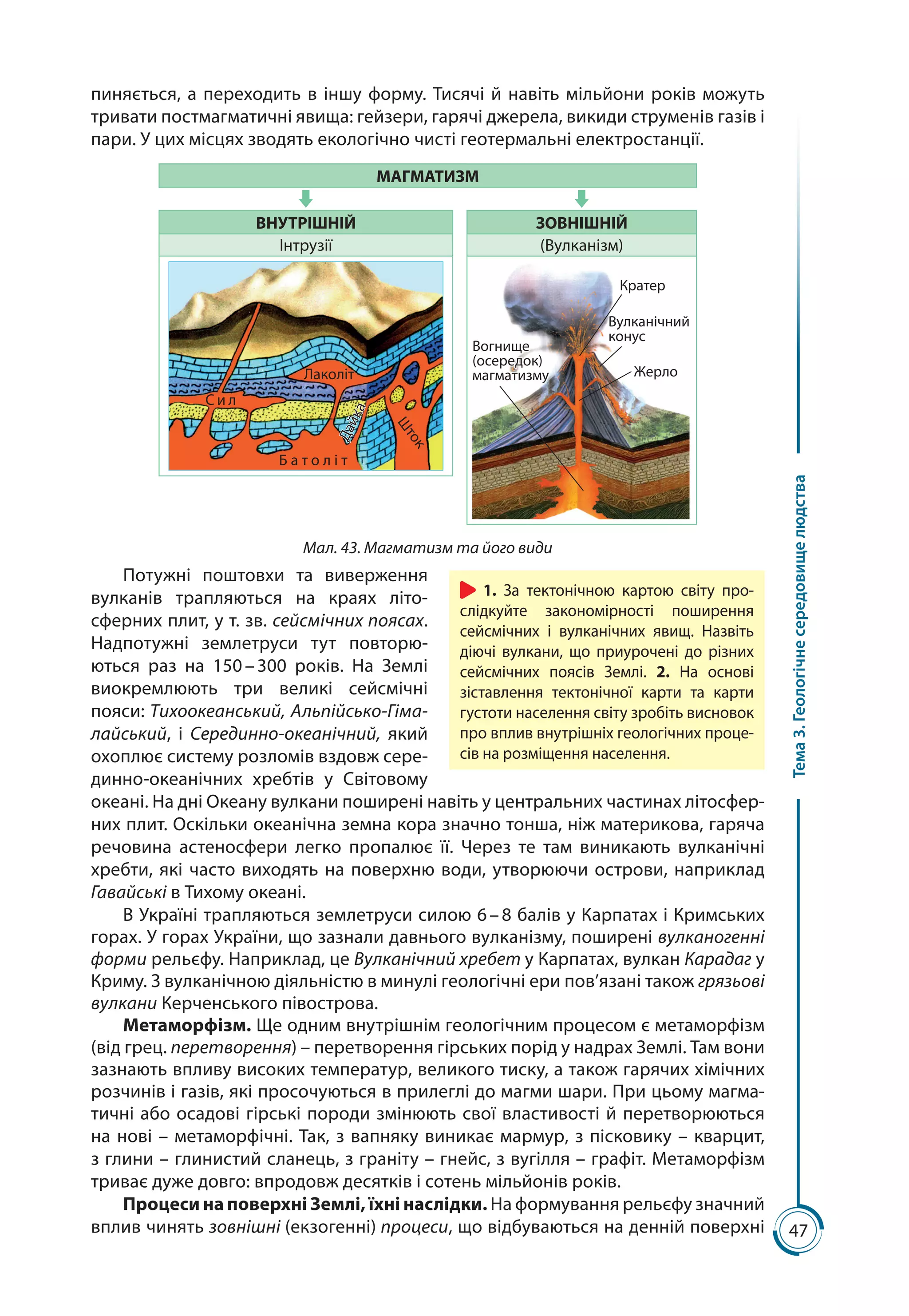 47
Тема3.Геологічнесередовищелюдства
пиняється, а переходить в іншу форму. Тисячі й навіть мільйони років можуть
тривати постмагматичні явища: гейзери, гарячі джерела, викиди струменів газів і
пари. У цих місцях зводять екологічно чисті геотермальні електростанції.
МАГМАТИЗМ
ВНУТРІШНІЙ ЗОВНІШНІЙ
Інтрузії (Вулканізм)
Лаколіт
Дайка
С и л Ш
ток
Б а т о л і т
Кратер
Жерло
Вулканічний
конус
Вогнище
(осередок)
магматизму
Мал. 43. Магматизм та його види
Потужні поштовхи та виверження
вулканів трапляються на краях літо­
сферних плит, у т. зв. сейсмічних поясах.
Надпотужні землетруси тут повторю-
ються раз на 150 – 300 років. На Землі
виокремлюють три великі сейсмічні
пояси: Тихоокеанський, Альпійсько-Гіма-
лайський, і Серединно-океанічний, який
охоплює систему розломів вздовж сере-
динно-океанічних хребтів у Світовому
океані. На дні Океа­ну вулкани поширені навіть у центральних частинах літосфер-
них плит. Оскільки океанічна земна кора значно тонша, ніж материкова, гаряча
речовина астеносфери легко пропалює її. Через те там виникають вулканічні
хребти, які часто виходять на поверхню води, утворюючи острови, наприклад
Гавайські в Тихому океані.
В Україні трапляються землетруси силою 6 – 8 балів у Карпатах і Кримських
горах. У горах України, що зазнали давнього вулканізму, поширені вулканогенні
форми рельєфу. Наприклад, це Вулканічний хребет у Карпатах, вулкан Карадаг у
Криму. З вулканічною діяльністю в минулі геологічні ери пов’язані також грязьові
вулкани Керченського півострова.
Метаморфізм. Ще одним внутрішнім геологічним процесом є метаморфізм
(від грец. перетворення) – перетворення гірських порід у надрах Землі. Там вони
зазнають впливу високих температур, великого тиску, а також гарячих хімічних
розчинів і газів, які просочуються в прилеглі до магми шари. При цьому магма-
тичні або осадові гірські породи змінюють свої властивості й перетворюються
на нові – метаморфічні. Так, з вапняку виникає мармур, з пісковику – кварцит,
з глини – глинистий сланець, з граніту – гнейс, з вугілля – графіт. Метаморфізм
триває дуже довго: впродовж десятків і сотень мільйонів років.
Процеси на поверхні Землі, їхні наслідки. На формування рельєфу значний
вплив чинять зовнішні (екзогенні) процеси, що відбуваються на денній поверхні
1. За тектонічною картою світу про-
слідкуйте закономірності поширення
сейсмічних і вулканічних явищ. Назвіть
діючі вулкани, що приурочені до різних
сейсмічних поясів Землі. 2. На основі
зіставлення тектонічної карти та карти
густоти населення світу зробіть висновок
про вплив внутрішніх геологічних проце-
сів на розміщення населення.
 