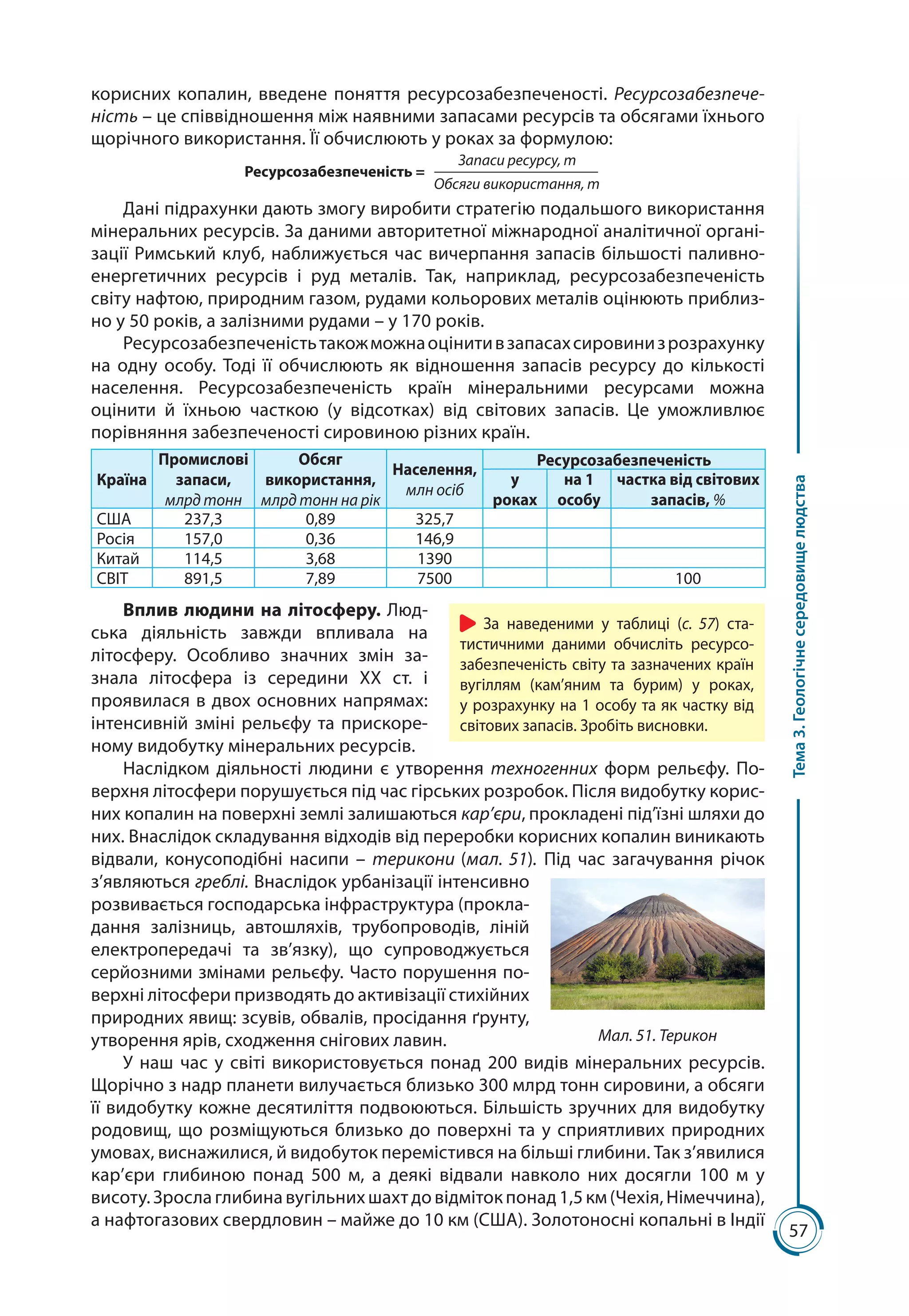 57
Тема3.Геологічнесередовищелюдства
корисних копалин, введене поняття ресурсозабезпеченості. Ресурсозабезпече-
ність – це співвідношення між наявними запасами ресурсів та обсягами їхнього
щорічного використання. Її обчислюють у роках за формулою:
Ресурсозабезпеченість =
Запаси ресурсу, m
Обсяги використання, m
Дані підрахунки дають змогу виробити стратегію подальшого використання
мінеральних ресурсів. За даними авторитетної міжнародної аналітичної органі-
зації Римський клуб, наближується час вичерпання запасів більшості паливно-
енергетичних ресурсів і руд металів. Так, наприклад, ресурсозабезпеченість
світу нафтою, природним газом, рудами кольорових металів оцінюють приблиз-
но у 50 років, а залізними рудами – у 170 років.
Ресурсозабезпеченістьтакожможнаоцінитивзапасахсировинизрозрахунку
на одну особу. Тоді її обчислюють як відношення запасів ресурсу до кількості
населення. Ресурсозабезпеченість країн мінеральними ресурсами можна
оцінити й їхньою часткою (у відсотках) від світових запасів. Це уможливлює
порівняння забезпеченості сировиною різних країн.
Країна
Промислові
запаси,
млрд тонн
Обсяг
використання,
млрд тонн на рік
Населення,
млн осіб
Ресурсозабезпеченість
у
роках
на 1
особу
частка від світових
запасів, %
США 237,3 0,89 325,7
Росія 157,0 0,36 146,9
Китай 114,5 3,68 1390
СВІТ 891,5 7,89 7500 100
Вплив людини на літосферу. Люд-
ська діяльність завжди впливала на
літосферу. Особливо значних змін за-
знала літосфера із середини ХХ ст. і
проя­вилася в двох основних напрямах:
інтенсивній зміні рельєфу та прискоре-
ному видобутку мінеральних ресурсів.
Наслідком діяльності людини є утворення техногенних форм рельєфу. По-
верхня літосфери порушується під час гірських розробок. Після видобутку корис-
них копалин на поверхні землі залишаються кар’єри, прокладені під’їзні шляхи до
них. Внаслідок складування відходів від переробки корисних копалин виникають
відвали, конусоподібні насипи  – терикони (мал. 51). Під час загачування річок
з’являються греблі. Внаслідок урбанізації інтенсивно
розвивається господарська інфраструктура (прокла-
дання залізниць, автошляхів, трубопроводів, ліній
електропередачі та зв’язку), що супроводжується
серйозними змінами рельєфу. Часто порушення по-
верхні літосфери призводять до активізації стихійних
природних явищ: зсувів, обвалів, просідання ґрунту,
утворення ярів, сходження снігових лавин.
У наш час у світі використовується понад 200 видів мінеральних ресурсів.
Щорічно з надр планети вилучається близько 300 млрд тонн сировини, а обсяги
її видобутку кожне десятиліття подвоюються. Більшість зручних для видобутку
родовищ, що розміщуються близько до поверхні та у сприятливих природних
умовах, виснажилися, й видобуток перемістився на більші глибини. Так з’явилися
кар’єри глибиною понад 500 м, а деякі відвали навколо них досягли 100  м у
висоту.Зрослаглибинавугільнихшахтдовідмітокпонад1,5 км(Чехія,Німеччина),
а нафтогазових свердловин – майже до 10 км (США). Золотоносні копальні в Індії
За наведеними у таблиці (с. 57) ста-
тистичними даними обчисліть ресурсо-
забезпеченість світу та зазначених країн
вугіллям (кам’яним та бурим) у роках,
у розрахунку на 1 особу та як частку від
світових запасів. Зробіть висновки.
Мал. 51. Терикон
 
