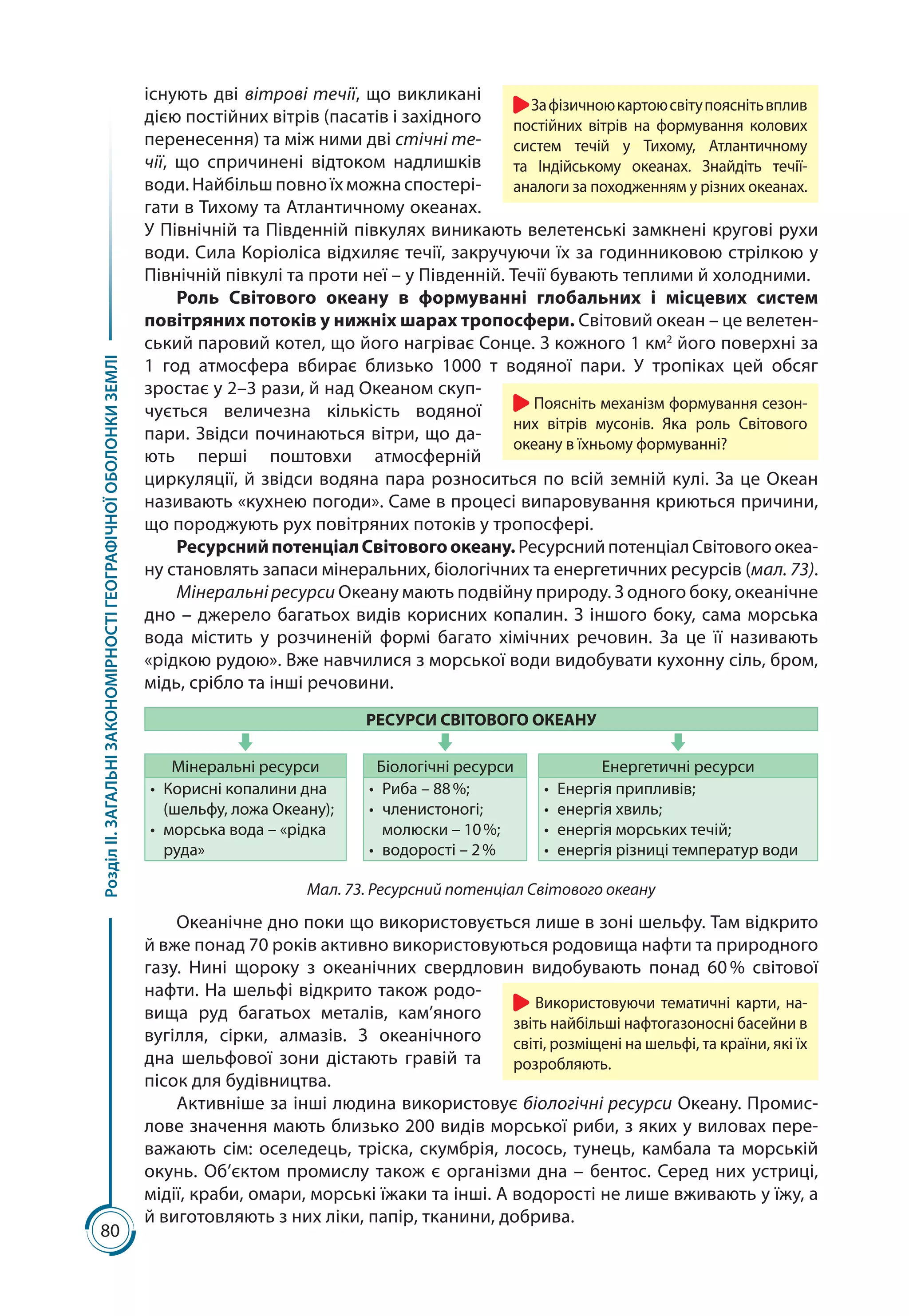 80
РозділІІ.ЗАГАЛЬНІЗАКОНОМІРНОСТІГЕОГРАФІЧНОЇОБОЛОНКИЗЕМЛІ
існують дві вітрові течії, що викликані
дією постійних вітрів (пасатів і західного
перенесення) та між ними дві стічні те-
чії, що спричинені відтоком надлишків
води. Найбільш повно їх можна спостері-
гати в Тихому та Атлантичному океанах.
У Північній та Південній півкулях виникають велетенські замкнені кругові рухи
води. Сила Коріоліса відхиляє течії, закручуючи їх за годинниковою стрілкою у
Північній півкулі та проти неї – у Південній. Течії бувають теплими й холодними.
Роль Світового океану в формуванні глобальних і місцевих систем
повітряних потоків у нижніх шарах тропосфери. Світовий океан – це велетен-
ський паровий котел, що його нагріває Сонце. З кожного 1 км2
його поверхні за
1  год атмосфера вбирає близько 1000 т водяної пари. У тропіках цей обсяг
зростає у 2–3 рази, й над Океаном скуп-
чується величезна кількість водяної
пари. Звідси починаються вітри, що да-
ють перші поштовхи атмосферній
циркуляції, й звідси водяна пара розноситься по всій земній кулі. За це Океан
називають «кухнею погоди». Саме в процесі випаровування криються причини,
що породжують рух повітряних потоків у тропосфері.
РесурснийпотенціалСвітовогоокеану. Ресурсний потенціал Світового океа-
ну становлять запаси мінеральних, біологічних та енергетичних ресурсів (мал. 73).
Мінеральні ресурси Океану мають подвійну природу. З одного боку, океанічне
дно – джерело багатьох видів корисних копалин. З іншого боку, сама морська
вода містить у розчиненій формі багато хімічних речовин. За це її називають
«рідкою рудою». Вже навчилися з морської води видобувати кухонну сіль, бром,
мідь, срібло та інші речовини.
РЕСУРСИ СВІТОВОГО ОКЕАНУ
Мінеральні ресурси Біологічні ресурси Енергетичні ресурси
•	 Корисні копалини дна
(шельфу, ложа Океану);
•	 морська вода – «рідка
руда»
•	 Риба – 88 %;
•	 членистоногі;
молюски – 10 %;
•	 водорості – 2 %
•	 Енергія припливів;
•	 енергія хвиль;
•	 енергія морських течій;
•	 енергія різниці температур води
Мал. 73. Ресурсний потенціал Світового океану
Океанічне дно поки що використовується лише в зоні шельфу. Там відкрито
й вже понад 70 років активно використовуються родовища нафти та природного
газу. Нині щороку з океанічних свердловин видобувають понад 60 % світової
наф­ти. На шельфі відкрито також родо-
вища руд багатьох металів, кам’яного
вугілля, сірки, алмазів. З океанічного
дна шельфової зони дістають гравій та
пісок для будівництва.
Активніше за інші людина використовує біологічні ресурси Океану. Промис-
лове значення мають близько 200 видів морської риби, з яких у виловах пере-
важають сім: оселедець, тріска, скумбрія, лосось, тунець, камбала та морській
окунь. Об’єктом промислу також є організми дна – бентос. Серед них устриці,
мідії, краби, омари, морські їжаки та інші. А водорості не лише вживають у їжу, а
й виготовляють з них ліки, папір, тканини, добрива.
Поясніть механізм формування сезон-
них вітрів мусонів. Яка роль Світового
океану в їхньому формуванні?
Використовуючи тематичні карти, на­
звіть найбільші нафтогазоносні басейни в
світі, розміщені на шельфі, та країни, які їх
розробляють.
Зафізичноюкартоюсвітупояснітьвплив
постійних вітрів на формування колових
систем течій у Тихому, Атлантичному
та Індійському океанах. Знайдіть течії-
аналоги за походженням у різних океанах.
 