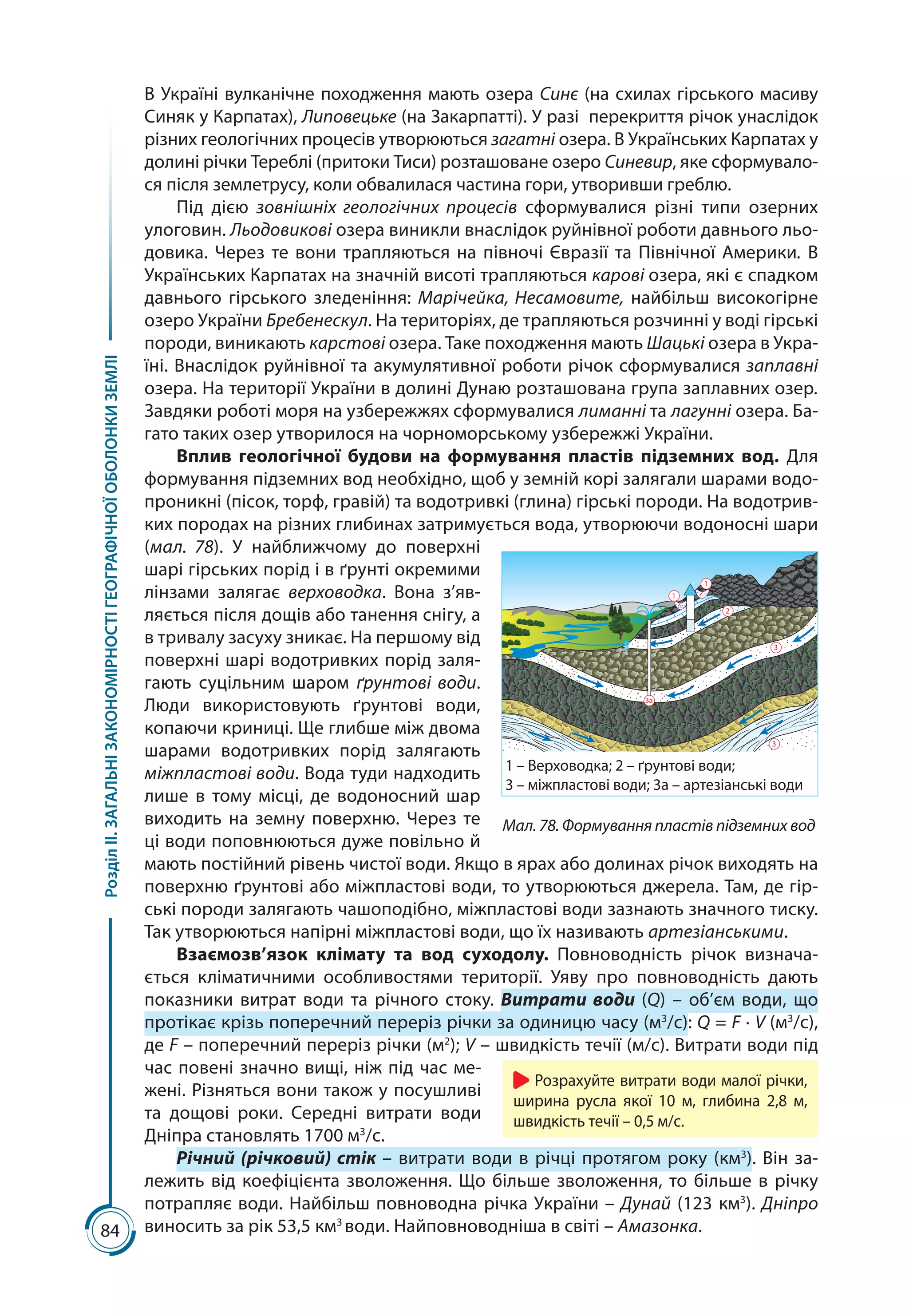 84
РозділІІ.ЗАГАЛЬНІЗАКОНОМІРНОСТІГЕОГРАФІЧНОЇОБОЛОНКИЗЕМЛІ
В Україні вулканічне походження мають озера Синє (на схилах гірського масиву
Синяк у Карпатах), Липовецьке (на Закарпатті). У разі перекриття річок унаслідок
різних геологічних процесів утворюються загатні озера. В Українських Карпатах у
долині річки Тереблі (притоки Тиси) розташоване озеро Синевир, яке сформувало-
ся після землетрусу, коли обвалилася частина гори, утворивши греблю.
Під дією зовнішніх геологічних процесів сформувалися різні типи озерних
улоговин. Льодовикові озера виникли внаслідок руйнівної роботи давнього льо-
довика. Через те вони трапляються на півночі Євразії та Північної Америки. В
Українських Карпатах на значній висоті трапляються карові озера, які є спадком
давнього гірського зледеніння: Марічейка, Несамовите, найбільш високогірне
озеро України Бребенескул. На територіях, де трапляються розчинні у воді гірські
породи, виникають карстові озера. Таке походження мають Шацькі озера в Укра-
їні. Внаслідок руйнівної та акумулятивної роботи річок сформувалися заплавні
озера. На території України в долині Дунаю розташована група заплавних озер.
Завдяки роботі моря на узбережжях сформувалися лиманні та лагунні озера. Ба-
гато таких озер утворилося на чорноморському узбережжі України.
Вплив геологічної будови на формування пластів підземних вод. Для
формування підземних вод необхідно, щоб у земній корі залягали шарами водо-
проникні (пісок, торф, гравій) та водотривкі (глина) гірські породи. На водотрив-
ких породах на різних глибинах затримується вода, утворюючи водоносні шари
(мал.  78). У найближчому до поверхні
шарі гірських порід і в ґрунті окремими
лінзами залягає верховодка. Вона з’яв-
ляється після дощів або танення снігу, а
в тривалу засуху зникає. На першому від
поверхні шарі водотривких порід заля-
гають суцільним шаром ґрунтові води.
Люди використовують ґрунтові води,
копаючи криниці. Ще глибше між двома
шарами водотривких порід залягають
міжпластові води. Вода туди надходить
лише в тому місці, де водоносний шар
виходить на земну поверхню. Через те
ці води поповнюються дуже повільно й
мають постійний рівень чистої води. Якщо в ярах або долинах річок виходять на
поверхню ґрунтові або міжпластові води, то утворюються джерела. Там, де гір-
ські породи залягають чашоподібно, міжпластові води зазнають значного тиску.
Так утворюються напірні міжпластові води, що їх називають артезіанськими.
Взаємозв’язок клімату та вод суходолу. Повноводність річок визнача-
ється кліматичними особливостями території. Уяву про повноводність дають
показники витрат води та річного стоку. Витрати води (Q)  – об’єм води, що
протікає крізь поперечний переріз річки за одиницю часу (м3
/с): Q = F · V (м3
/с),
де F – поперечний переріз річки (м2
); V – швидкість течії (м/с). Витрати води під
час повені значно вищі, ніж під час ме-
жені. Різняться вони також у посушливі
та дощові роки. Середні витрати води
Дніпра становлять 1700 м3
/с.
Річний (річковий) стік – витрати води в річці протягом року (км3
). Він за-
лежить від коефіцієнта зволоження. Що більше зволоження, то більше в річку
потрапляє води. Найбільш повноводна річка України – Дунай (123 км3
). Дніпро
виносить за рік 53,5 км3
води. Найповноводніша в світі – Амазонка.
Мал. 78. Формування пластів підземних вод
3а
1
1
2
3
3
1 – Верховодка; 2 – ґрунтові води;
3 – міжпластові води; 3а – артезіанські води
Розрахуйте витрати води малої річки,
ширина русла якої 10 м, глибина 2,8 м,
швидкість течії – 0,5 м/с.
 