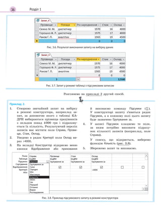 36 Розділ 1
Рис. 3.6. Результат виконання запиту на вибірку даних
Рис. 3.7. Запит у режимі таблиці з підсумковим записом
Приклад 2.
1. Створимо звичайний запит на вибірку
в режимі конструктора, наприклад за-
пит, за допомогою якого з таблиці КА-
ДРИ вибираються прізвища працівників
з окладом понад 4000 грн і підрахову-
ється їх кількість. Результуючий перелік
записів має містити поля Справа, Прізви­
ще, Стаж, Оклад.
2. Уведемо в рядок Критерії поля Оклад ви-
раз 4000.
3. На вкладці Конструктор відкриємо меню
кнопки Відображення або приховання
й виконаємо команду Підсумки (∑).
У конструкторі запиту з’явиться рядок
Підсумок, а в кожному полі цього запису
буде зазначено Групування за.
4. У записі Підсумок клацнемо те поле,
за яким потрібно виконати підраху-
нок кількості записів (наприклад, поле
Справа).
У списку, що відкриється, виберемо
функцію Кількість (рис. 3.8).
5. Збережемо запит та виконаємо.
Рис. 3.8. Приклад підсумкового запиту в режимі конструктора
Розглянемо на прикладі 2 другий спосіб.
 