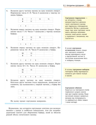 776.1. Алгоритми сортування ...
4. Зсуваємо другу частину масиву на одну позицію ліворуч.
Порівнюємо числа 4 і 9. Число 4 записуємо у чергову по-
зицію буфера.
4 7 12 15
9 11
1 4
5. Зсуваємо першу частину на одну позицію ліворуч. Порів-
нюємо числа 7 і 9. Число 7 записуємо у чергову позицію
буфера.
7 12 15
9 11
1 4 7
6. Зсуваємо першу частину на одну позицію ліворуч. По-
рівнюємо числа 12 і 9. Число 9 записуємо у буфер.
12 15
9 11
1 4 7 9
7. Зсуваємо другу частину на одну позицію ліворуч. Порів-
нюємо числа 12 і 11. Число 11 записуємо у буфер.
12 15
11
1 4 7 9 11
8. Зсуваємо другу частину на одну позицію ліворуч.
Оскільки друга частина стала порожньою, записуємо всі
елементи, що залишилися у першій частині, у буфер без
змін.
12 15
1 4 7 9 11 12 15
На цьому процес сортування завершено.
Відзначимо, що алгоритм сортування злиттям для великих
масивів є одним із найбільш швидкісних. Але він потребує
додаткової пам’яті для збереження буферу, який за обсягом
рівний обсягу початкового масиву.
В основу сортування вибором
покладено вибір відповідного
елемента для певної позиції
в  масиві.
Сортування підрахунком  —
це алгоритм, у якому
використовується діапазон
чисел сортованого масиву
для підрахунку співпадаючих
елементів. Метод є доцільним
лише тоді, коли сортовані числа
мають діапазон можливих
значень, який досить малий
у  порівнянні з множиною, яка
сортується.
Сортування обміном
базується на повторенні етапів
порівняння сусідніх ключів
при русі вздовж масиву. Якщо
наступний елемент виявиться
меншим від попереднього,
то відбувається обмін (звідси
і  назва методу).
В основі сортування
вставленням лежить пошук
для чергового елемента
масиву відповідного місця
у відсортованій частині із
наступним включенням його
в  знайдену позицію.
 