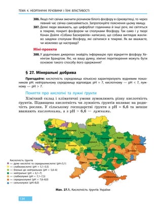 ТЕМА 4. НЕОРГАНІЧНІ РЕЧОВИНИ І ЇХНІ ВЛАСТИВОСТІ
134
386.	Якщо ґніт свічки змочити розчином білого фосфору в сірковуглеці, то через
певний час свічка самозайметься. Запропонуйте пояснення цьому явищу.
387.	Деякі люди вважають, що циферблат годинника й інші речі, які світяться
в темряві, покриті фосфором чи сполуками Фосфору. Так само і у творі
Конан Дойля «Собака Баскервілів» написано, що собака виглядав жахли-
во завдяки сполукам Фосфору, які світилися в темряві. Як ви вважаєте,
чи можливо це насправді?
Міні-проекти
388.	У додаткових джерелах знайдіть інформацію про відкриття фосфору Хе-
нінгом Брандтом. Які, на вашу думку, хімічні перетворення можуть бути
основою такого способу його одержання?
§ 27. Мінеральні добрива
Пригадайте: кислотність середовища кількісно характеризують водневим показ-
ником pH: нейтральному середовищу відповідає pH  =  7, кислотному — pH  7, луж-
ному  — pH  7.
Поняття про кислотні та лужні ґрунти
Хімічний склад і кліматичні умови зумовлюють різну кислотність
ґрунтів. Підвищена кислотність чи лужність ґрунтів впливає на родю-
чість рослин. У сільському господарстві ґрунти з pH  =  6,6 та менше
вважають кислотними, а з pH   6,6 — лужними.
Кислотність ґрунтів
— дуже кислотні та середньокислотні (pH5,1)
— слабкокислотні (pH = 5,1–5,5)
— близькі до нейтральних (pH = 5,6–6)
— нейтральні (pH = 6,1–7)
— слабколужні (pH = 7,1–7,5)
— середньолужні (pH = 7,6–8,0)
— сильнолужні (pH8,0)
Львів
Ужгород
Луцьк
Рівне
Хмельницький
Тернопіль
Івано-
Франківськ
Чернівці
Житомир
Вінниця
Київ
Одеса
Чернігів
Черкаси
Кропивницький
Миколаїв
Херсон
Суми
Полтава Харків
Дніпро
Запоріжжя
Донецьк
Луганськ
Сімферополь
Мал. 27.1. Кислотність ґрунтів України
 