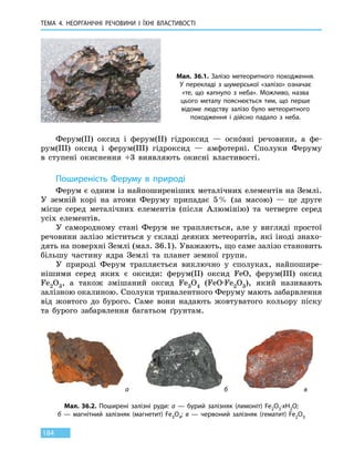 ТЕМА 4. НЕОРГАНІЧНІ РЕЧОВИНИ І ЇХНІ ВЛАСТИВОСТІ
184
Ферум(II) оксид і ферум(II) гідроксид — оснóвні речовини, а фе-
рум(III) оксид і ферум(III) гідроксид  — амфотерні. Сполуки Феруму
в  ступені окиснення +3 виявляють окисні властивості.
Поширеність Феруму в природі
Ферум є одним із найпоширеніших металічних елементів на Землі.
У земній корі на атоми Феруму припадає 5 % (за масою) — це друге
місце серед металічних елементів (після Алюмінію) та четверте серед
усіх елементів.
У самородному стані Ферум не трапляється, але у вигляді простої
речовини залізо міститься у складі деяких метеоритів, які іноді знахо-
дять на поверхні Землі (мал. 36.1). Уважають, що саме залізо становить
більшу частину ядра Землі та планет земної групи.
У природі Ферум трапляється виключно у сполуках, найпошире-
нішими серед яких є оксиди: ферум(II) оксид FeO, ферум(III) оксид
Fe2O3, а також змішаний оксид Fe3O4 (FeO∙Fe2O3), який називають
залізною окалиною. Сполуки тривалентного Феруму мають забарвлення
від жовтого до бурого. Саме вони надають жовтуватого кольору піску
та бурого забарвлення багатьом ґрунтам.
Мал. 36.1. Залізо метеоритного походження.
У  перекладі з шумерської «залізо» означає
«те, що капнуло з неба». Можливо, назва
цього металу пояснюється тим, що перше
відоме людству залізо було метеоритного
походження і дійсно падало з неба.
Мал. 36.2. Поширені залізні руди: а — бурий залізняк (лимоніт) Fe2O3∙xH2O;
б — магнітний залізняк (магнетит) Fe3O4; в — червоний залізняк (гематит) Fe2O3
а б в
 