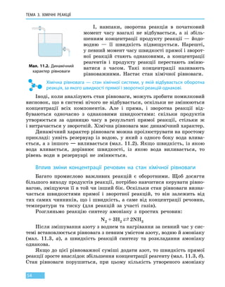 ТЕМА 3. ХІМІЧНІ РЕАКЦІЇ
54
І, навпаки, зворотна реакція в початковий
момент часу взагалі не відбувається, а зі збіль-
шенням концентрації продукту реакції — йодо-
водню — її швидкість підвищується. Нарешті,
у певний момент часу швидкості прямої і зворот-
ної реакцій стають однаковими, а концентрації
реагентів і продукту реакції перестають зміню-
ватися з часом. Такі концентрації називають
рівноважними. Настає стан хімічної рівноваги.
Хімічна рівновага — стан хімічної системи, у якій відбувається оборотна
реакція, за якого швидкості прямої і зворотної реакцій однакові.
Іноді, коли аналізують стан рівноваги, можуть зробити помилковий
висновок, що в системі нічого не відбувається, оскільки не змінюються
концентрації всіх компонентів. Але і пряма, і зворотна реакції від-
буваються одночасно з однаковими швидкостями: скільки продуктів
утворюється за одиницю часу в результаті прямої реакції, стільки ж
і витрачається у зворотній. Хімічна рівновага має динамічний характер.
Динамічний характер рівноваги можна проілюструвати на простому
прикладі: уявіть резервуар із водою, у який з одного боку вода влива-
ється, а з іншого — виливається (мал. 11.2). Якщо швидкість, із якою
вода вливається, дорівнює швидкості, із якою вода виливається, то
рівень води в резервуарі не змінюється.
Вплив зміни концентрації речовин на стан хімічної рівноваги
Багато промислово важливих реакцій є оборотними. Щоб досягти
більшого виходу продуктів реакції, потрібно навчитися керувати рівно-
вагою, зміщуючи її в той чи інший бік. Оскільки стан рівноваги визна-
чається швидкостями прямої і зворотної реакцій, то він залежить від
тих самих чинників, що і швидкість, а саме від концентрації речовин,
температури та тиску (для реакцій за участі газів).
Розгляньмо реакцію синтезу амоніаку з простих речовин:
N2 + 3H2
 2NH3
Після змішування азоту з воднем та нагрівання за певний час у сис-
темі встановлюється рівновага з певним умістом азоту, водню й амоніаку
(мал. 11.3, а), а швидкість реакцій синтезу та розкладання амоніаку
однакова.
Якщо до цієї рівноважної суміші додати азот, то швидкість прямої
реакції зросте внаслідок збільшення концентрації реагенту (мал. 11.3, б).
Стан рівноваги порушиться, при цьому кількість утвореного амоніаку
Мал. 11.2. Динамічний
характер рівноваги
 