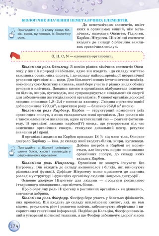 174
Біологічне значення неметалічних елементів.
До неметалічних елементів, вміст
яких в організмах вищий, ніж мета-
лічних, належать Оксиген, Гідроген,
Карбон, Нітроген. Ці хімічні елементи
входять до складу біологічно важли-
вих органічних сполук.
О, Н, С, N — елементи-органогени.
Біологічна роль Оксигену. З-поміж різних хімічних елементів Окси-
гену у живій природі найбільше, адже він входить і до складу життєво
важливих органічних сполук, і до складу найпоширенішої неорганічної
речовини організмів — води. Для більшості живих істот життєво необхід-
ною сполукою Оксигену є кисень, який бере участь у різних видах обміну
речовин в клітинах. Завдяки кисню в організмах відбувається окиснен-
ня білків, жирів, вуглеводів, яке супроводжується вивільненням енергії
для забезпечення життєдіяльності організмів. У спокої організм дорослої
людини споживає 1,8–2,4 г кисню за хвилину. Людина протягом однієї
доби споживає 720 дм3, а протягом року — близько 262,8 м3 кисню.
Біологічна роль Карбону. Карбон — структурний компонент усіх
органічних сполук, з яких складаються живі організми. Для рослин він
є також елементом живлення, адже вуглекислий газ — реагент фотосин-
тезу. В організмі людини карбон(ІV) оксид, що утворюється під час
окиснення органічних сполук, стимулює дихальний центр, регулює
значення рН крові.
В організмі людини на Карбон припадає 18 % від маси тіла. Основне
джерело Карбону — їжа, до складу якої входять білки, жири, вуглеводи.
Добова потреба в Карбоні не норму-
ється, але існують норми споживання
органічних сполук, до складу яких
входить Карбон.
Біологічна роль Нітрогену. Організми не можуть існувати без
Нітрогену. Він входить до складу амінокислот і білків, які виконують
різноманітні функції. Дефіцит Нітрогену може призвести до значних
розладів у структурі і функціях організму людини, зокрема дистрофії.
Основне джерело Нітрогену для людини — продукти рослинного
і тваринного походження, що містять білки.
Про біологічну роль Нітрогену в рослинних організмах ви дізнались,
вивчаючи добрива.
Біологічна роль Фосфору. Фосфор бере участь у багатьох фізіологіч-
них процесах. Він входить до складу нуклеїнових кислот, які, як вам
відомо, регулюють ріст і розвиток клітин, забезпечують зберігання і ви-
користання генетичної інформації. Подібно до Кальцію, Фосфор незамін-
ний в утворенні кісткової тканини, а ще Фосфор забезпечує здоров’я ясен
Пригадайте з 10 класу склад біл-
ків, жирів, вуглеводів, їх біологічну
роль.
Пригадайте з біології співвідно-
шення білків, жирів і вуглеводів у
раціональному харчуванні.
 