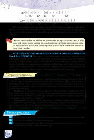 20
16S*
1s2 2s2 2p6 3s2 3p3 3d1
16S**
	 1s2 2s2 2p6 3s1 3p3 3d2
Тобто, на відміну від Оксигену, з яким Сульфур входить до однієї під-
групи, електрони зовнішнього енергетичного рівня атома Сульфуру мо-
жуть стати неспареними й атом Сульфуру розширює свої валентні мож-
ливості.
Атоми неметалічних хімічних елементів можуть переходити в збу-
джений стан, якщо мають на зовнішньому енергетичному рівні віль-
ні енергетичні комірки, збільшуючи цим самим кількість неспаре-
них електронів.
Можливі ступені окиснення неметалічних елементів
2-го і 3-го періодів. В елементів зі змінною валентністю кількість не-
спарених електронів в основному стані визначає мінімальну валентність
атомів, у збудженому стані — проміжні й максимальну (вищу) валент-
ності. Вища (максимальна) валентність здебільшого збігається з номером
групи хімічного елемента. Розглянута інформація дає змогу визначити
ступені окиснення, яких можуть набувати ті чи інші елементи.
Щойно ви з’ясували валентні стани Карбону, Оксигену й Сульфуру. Окрім
них, у 2-му і 3-му періодах розташовані Бор, Нітроген, Флуор, Неон, Силіцій,
Фосфор, Хлор, Аргон. Усі вони розташовані в головних підгрупах, а в атомах
елементів головних підгруп валентні електрони розташовані на зовнішньому
енергетичному рівні.
Завдання 1. З’ясуйте можливі валентні стани Флуору та Фосфору. Для
цього складіть електронні та графічні електронні формули атомів цих елемен-
тів, розгляньте можливість переходу валентних електронів на більш віддалені
від ядра атома енергетичні підрівні.
Завдання 2. Напишіть формули сполук : а) Флуору з Оксигеном, Флуору	
з  Гідрогеном; б) Фосфору з Оксигеном, Фосфору з  Гідрогеном,  що відповіда-
ють можливим валентним станам їх атомів, зазначте ступені окиснення.
1.1. 	Завдяки чому атоми одного хімічного елемента можуть мати різні валентні стани?
2.2. 	Поясніть, що називають ступенем окиснення.
3.3. 	Про що свідчить той факт, що Ферум утворює сполуки зі ступенями окиснення +2,
+3 і навіть може мати ступінь окиснення +6?
Попрацюйте групами
Знаємо, розуміємо
 