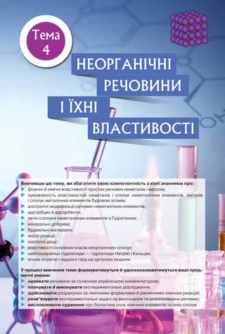 Тема
4
Неорганічні
речовини
і їхні
властивості
Вивчивши цю тему, ви збагатите свою компетентність з хімії знаннями про:
	фізичні й хімічні властивості простих речовин неметалів і металів;
	зумовленість властивостей неметалів і сполук неметалічних елементів, металів	
і сполук металічних елементів будовою атомів;
	алотропні модифікації речовин неметалічних елементів;
	адсорбцію й адсорбенти;
	леткі сполуки неметалічних елементів з Гідрогеном;
	мінеральні добрива;
	будівельні матеріали;
	якісні реакції;
	кислотні дощі;
	властивості основних класів неорганічних сполук;
	найпоширеніші гідроксиди — гідроксиди Натрію і Кальцію;
	вплив нітратів і чадного газу на організм людини.
У процесі вивчення теми формуватимуться й удосконалюватимуться ваші пред­
метні уміння:
	називати речовини за сучасною українською номенклатурою;
	планувати й виконувати експериментальні дослідження;
	здійснювати розрахунки за хімічними формулами й рівняннями хімічних реакцій;
	розв’язувати експериментальні задачі на визначення та розпізнавання речовин;
	висловлювати судження про біологічну роль хімічних елементів та їхніх сполук
 