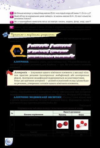 82
3.3. 	Де більше молекул: у порції йоду масою 25,4 г чи в порції хлору об’ємом 11,2 л (н. у.)?
4.4. 	Який об’єм за нормальних умов займуть: а) кисень масою 6,4 г; б) азот кількістю
речовини 3 моль?
5.5. 	Які з газоподібних неметалів легші за повітря: кисень, водень, фтор, хлор, азот?
Відповідь обґрунтуйте.
6.6. 	Водень і аргон змішали в рівних об’ємах й утвореною сумішшю заповнили гумову
кульку. Чи буде така кулька підніматися до стелі? Відповідь підтвердьте розрахунками.
Підготуйте й оприлюдніть на уроці повідомлення про застосування одного з
неметалів.
Алотропія. Алотропні
модифікації речовин
неметалічних елементів
Алотропія. Алотропні
модифікації речовин
неметалічних елементів
§16.
Алотропія. Зверніть увагу, що в таблиці 5 (с. 77) для Оксигену за-
значено дві прості речовини, для Карбону — три. Це пов’язано з явищем
алотропії.
Алотропія — існування одного хімічного елемента у вигляді кіль-
кох простих речовин (алотропних модифікацій або алотропних
форм). Алотропні модифікації відрізняються за властивостями.
Існує дві причини алотропії — різний кількісний склад і різна будо-
ва речовин, утворених з атомів одного хімічного елемента.
Чим зумовлена алотропія окремих хімічних елементів, ви пересвід-
читесь, ознайомившись з наведеною нижче інформацією про алотропні
модифікації (алотропні форми) Оксигену, Карбону, Фосфору й Сульфуру.
Алотропні модифікації Оксигену. Кисень і озон відомі вам
з уроків природознавства та хімії в основній школі. Порівняємо склад і
властивості цих простих речовин (табл. 6).
Таблиця 6
Порівняльна таблиця складу і властивостей кисню й озону
№
Ознаки порівняння
Прості речовини
Кисень Озон
1 Формула О2 О3
2 Модель молекули
3 Будова молекулярна молекулярна
4 Відносна молекулярна маса 32 48
Працюємо з медійними джерелами
 
